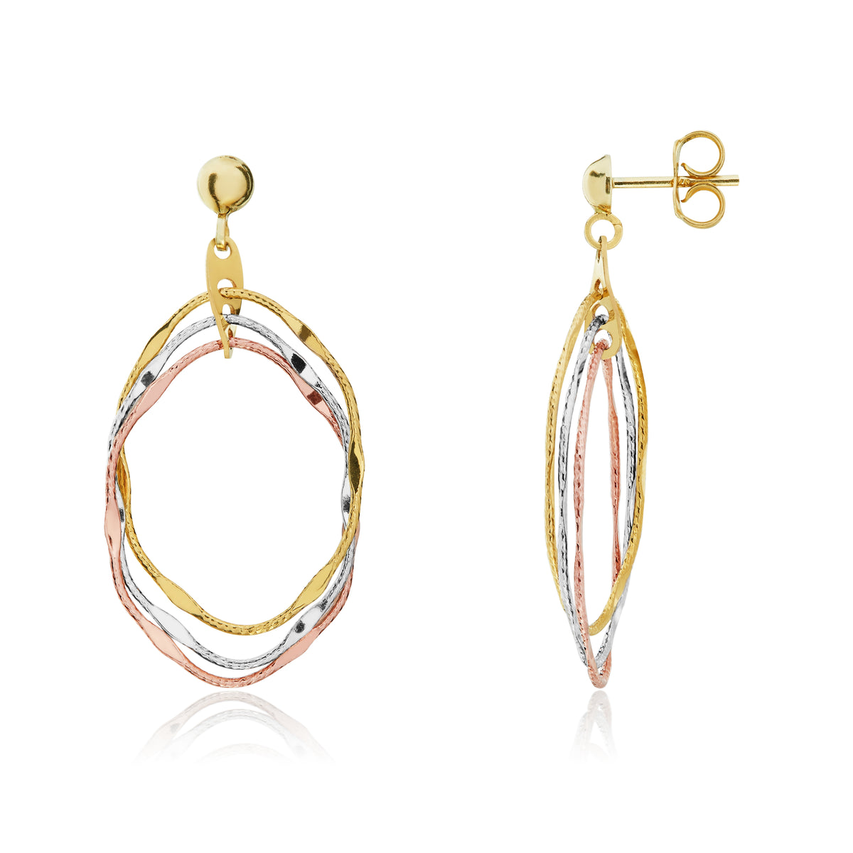 Three Tone 9ct Gold Triple Open Oval Drop Earrings