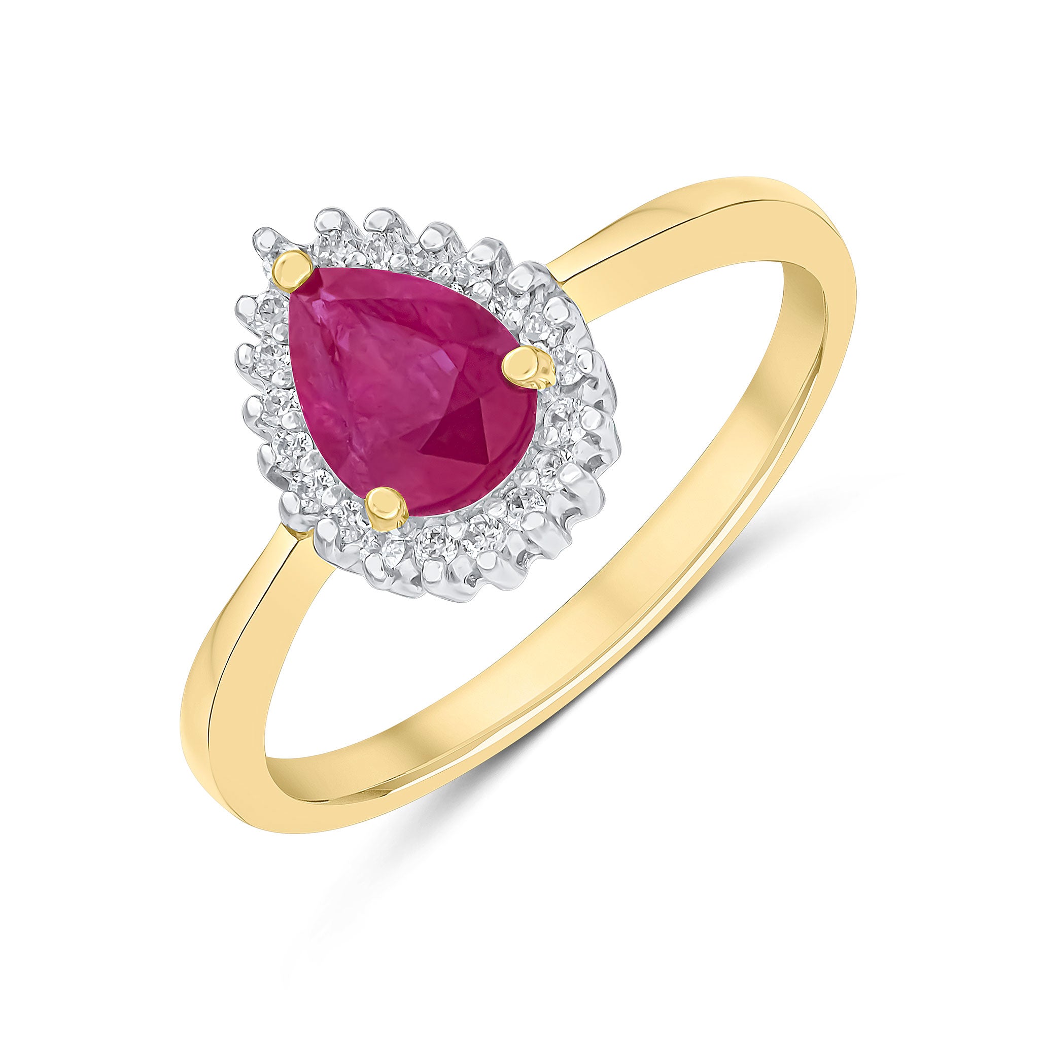 9CT YG 7X5MM PEARSHAPE RUBY & DIAMOND CLAW SET CLUSTER RING. RHODIUM TO DIAMONDS 1