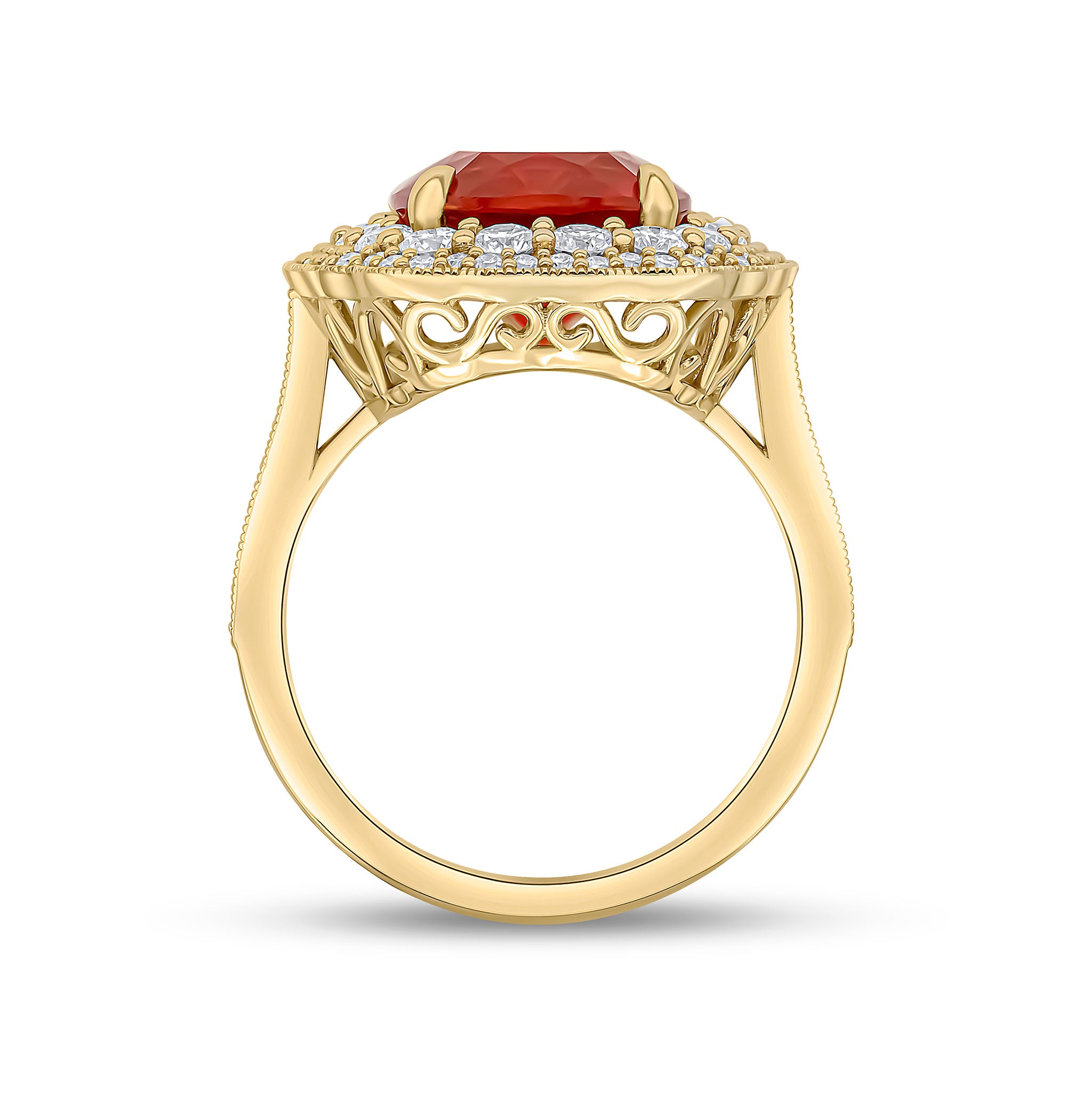 18ct Yellow Gold Cushion Fire Opal and Diamond Milgrain Cluster Ring with Diamond Set Shoulders