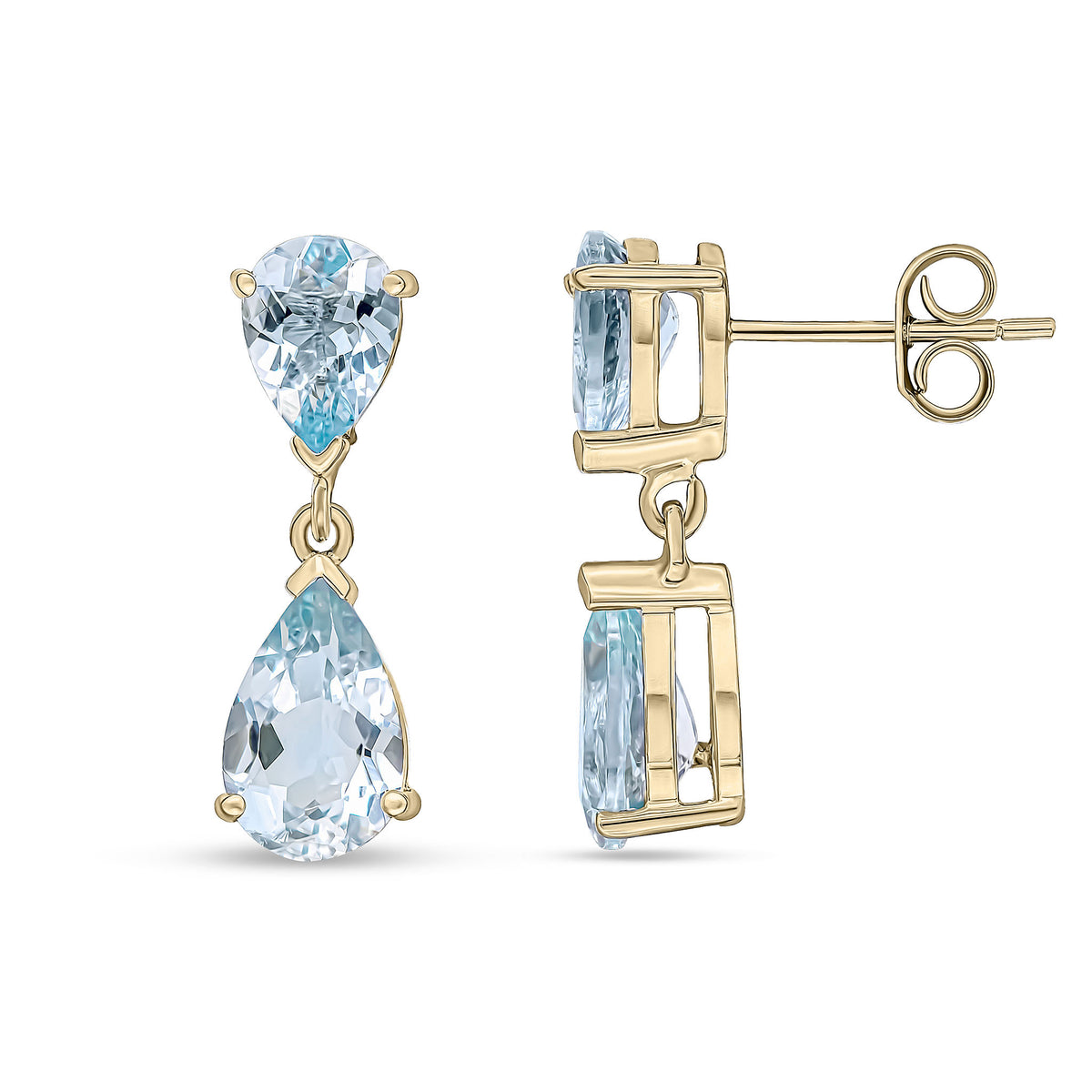 9ct Yellow Gold Pear Shape Aquamarine 2 Stone Claw Set Drop Earrings