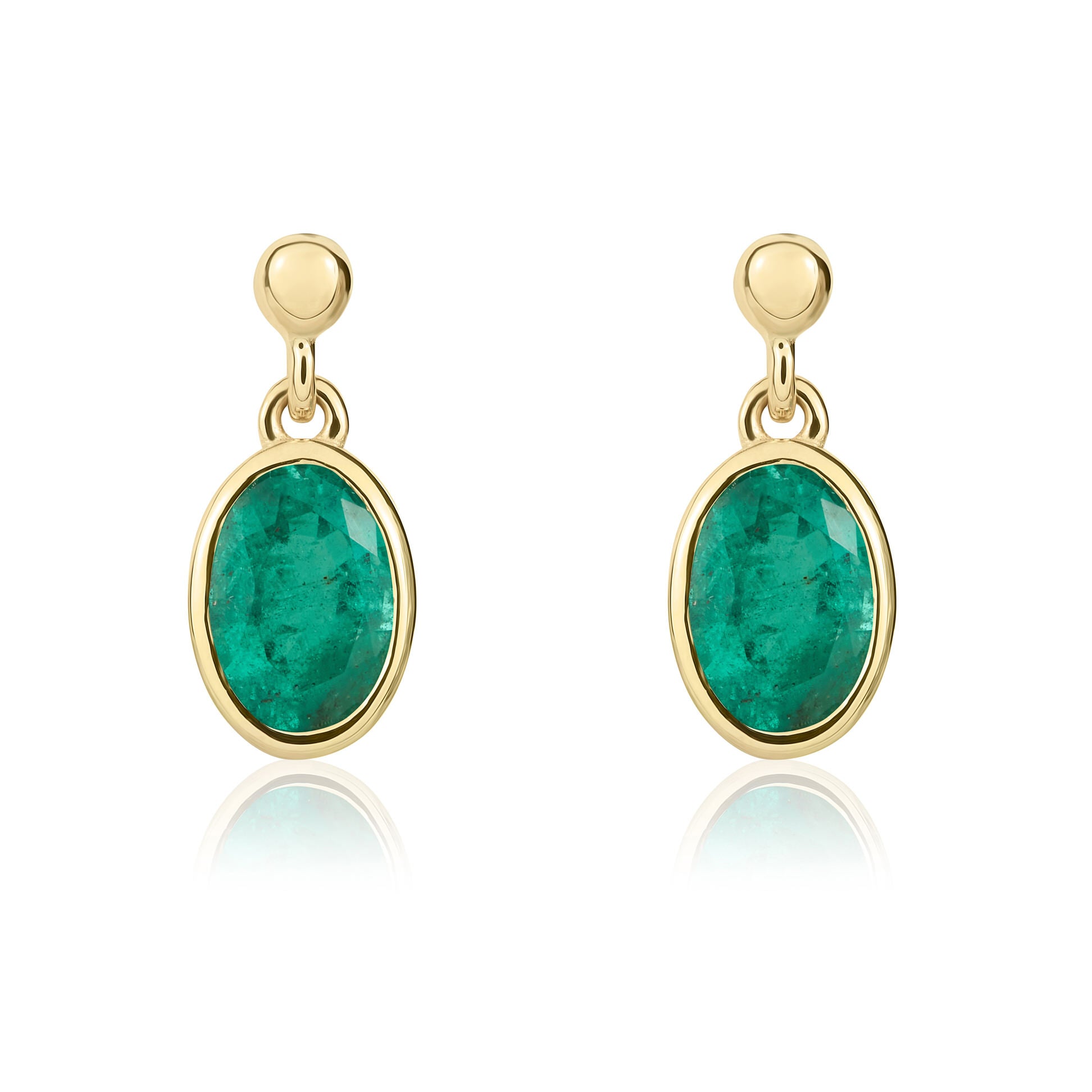 9ct yellow gold 6 x 4mm Oval Emerald Rubover Drop Earrings With 2.5mm Bead Top