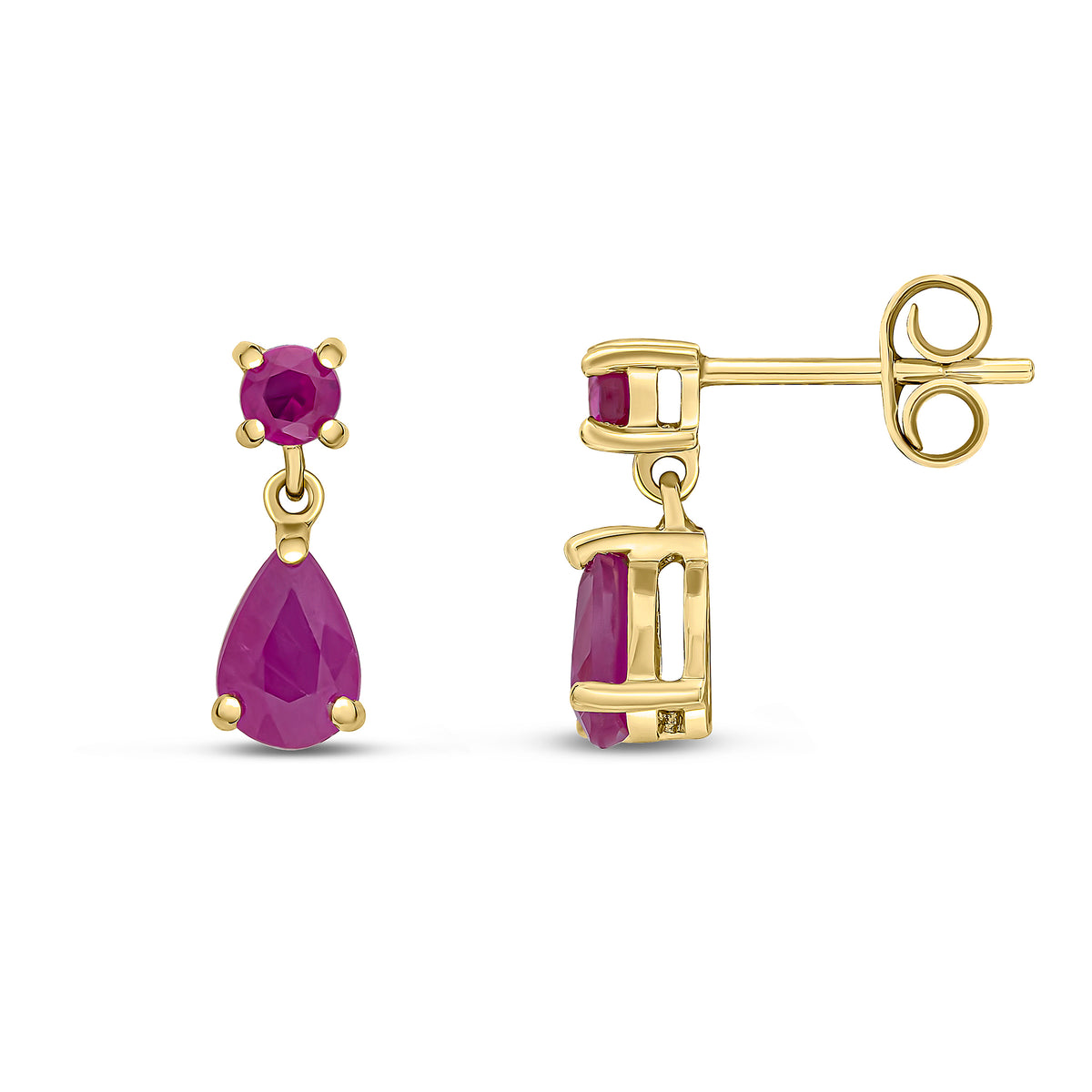 9ct Yellow Gold Round and Pear Shape Ruby 2 Stone Claw Set Drop Earrings