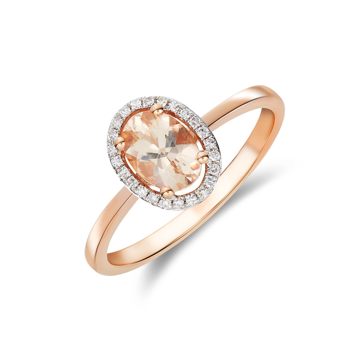 9ct Rose Gold 7x5 Oval Morganite & Diamond Halo Claw Set Cluster Ring Rhodium to Diamonds