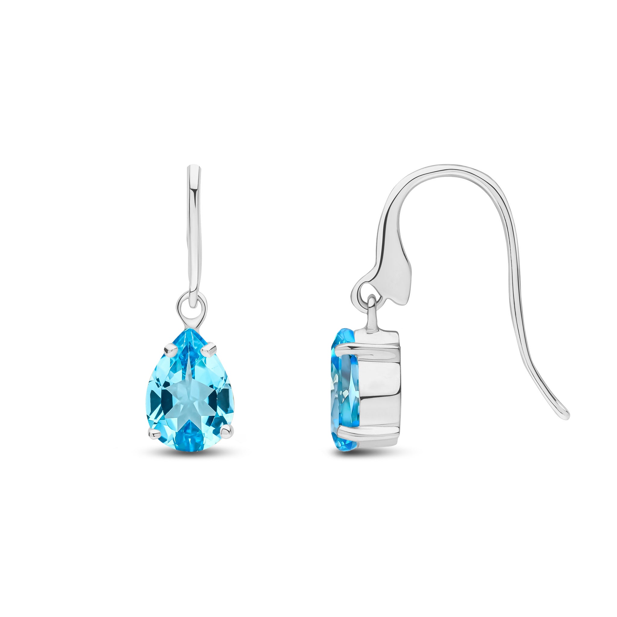 9ct White Gold 7x5mm Pear Shape Swiss Blue Topaz Claw Set Wire Hook Drop Earrings