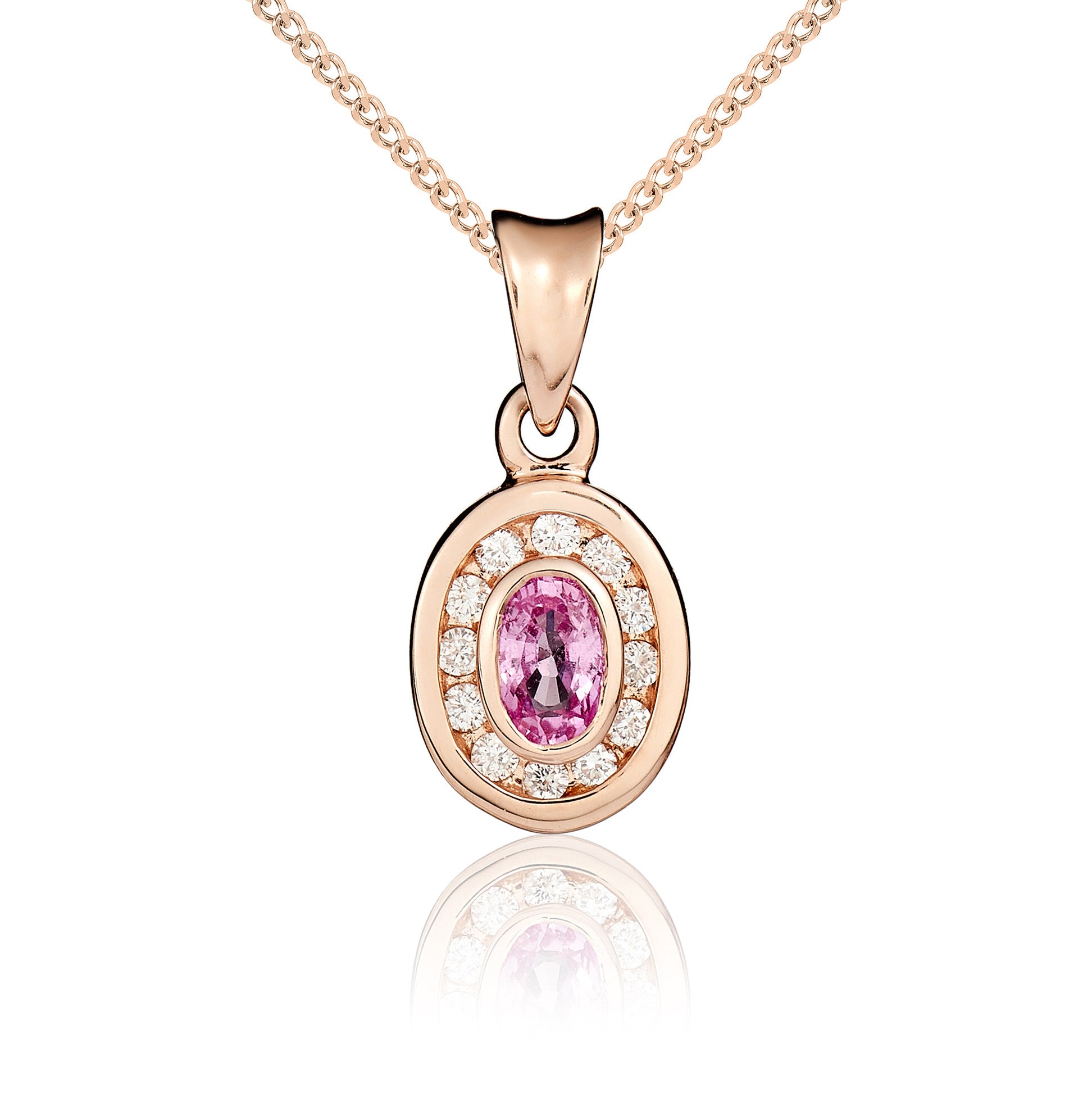 9ct rose gold 5 x 3mm oval Pink Sapphire & diamond rubover cluster pendant