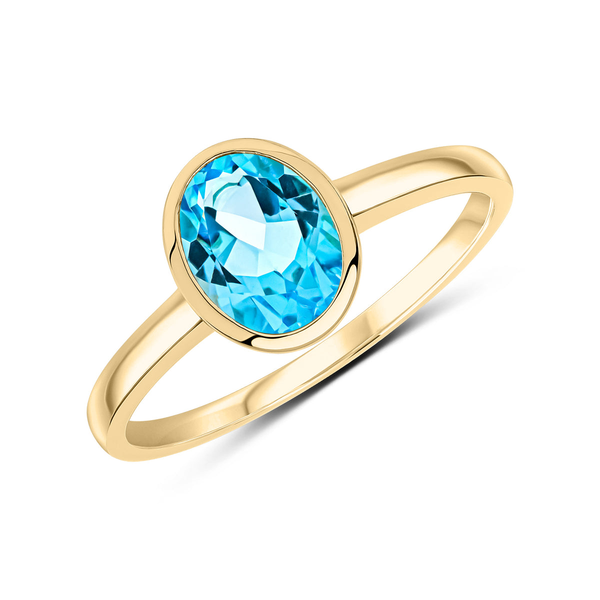 9ct Yellow Gold 8x6 Oval Swiss Blue Topaz Single Stone Rubover Ring