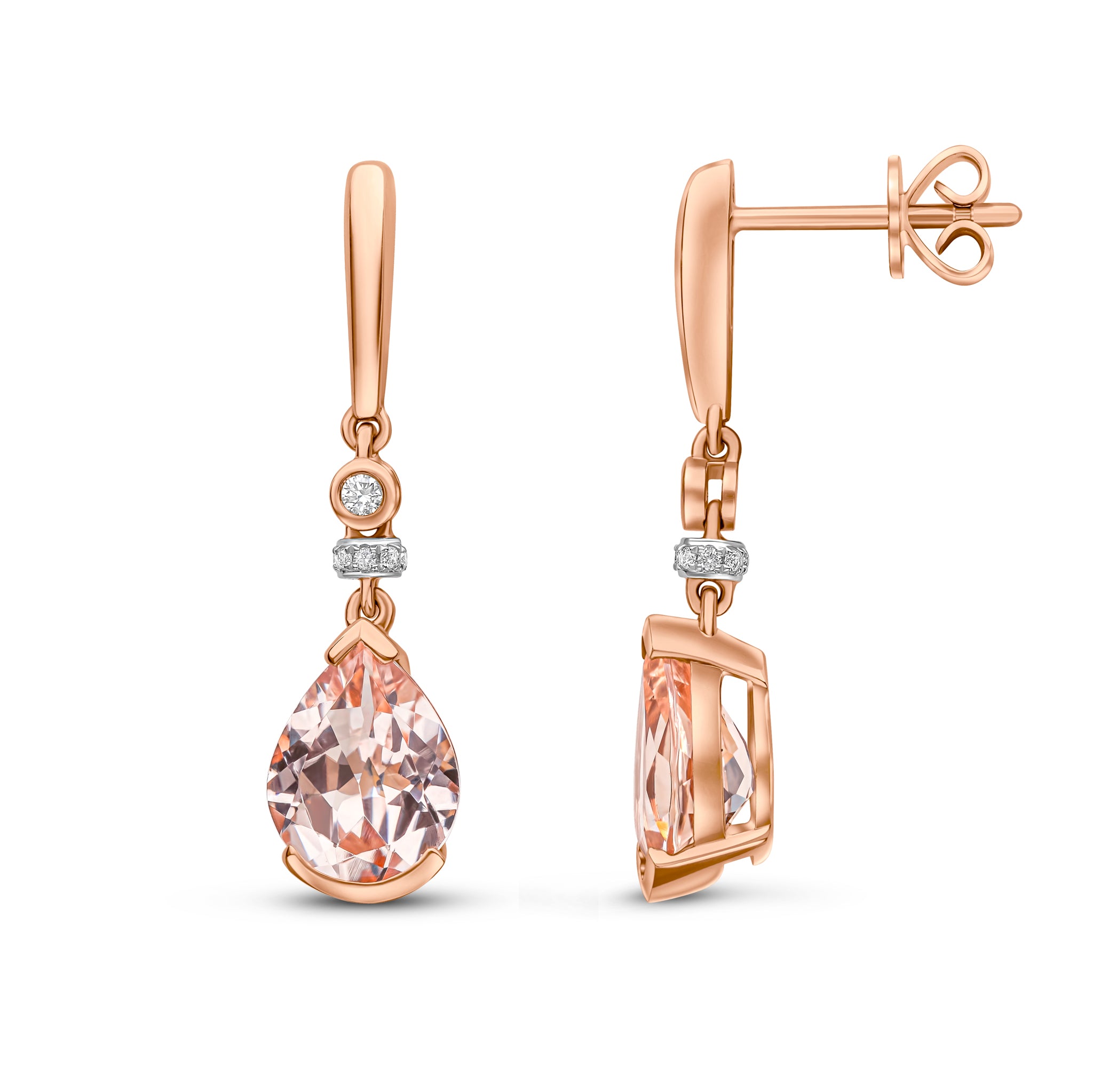 18ct Rose Gold Pear Shape Morganite Diamond and Polished Bar Drop Earrings