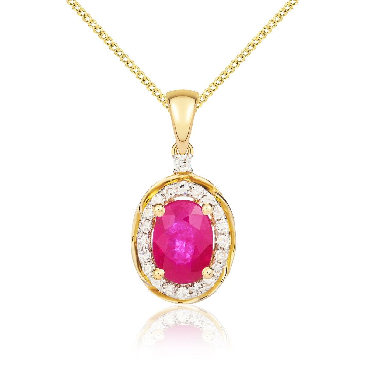 9ct Yellow Gold 7x5 Oval Ruby & Diamond Cluster Pendant with Rope Edge Rhodium to Diamonds