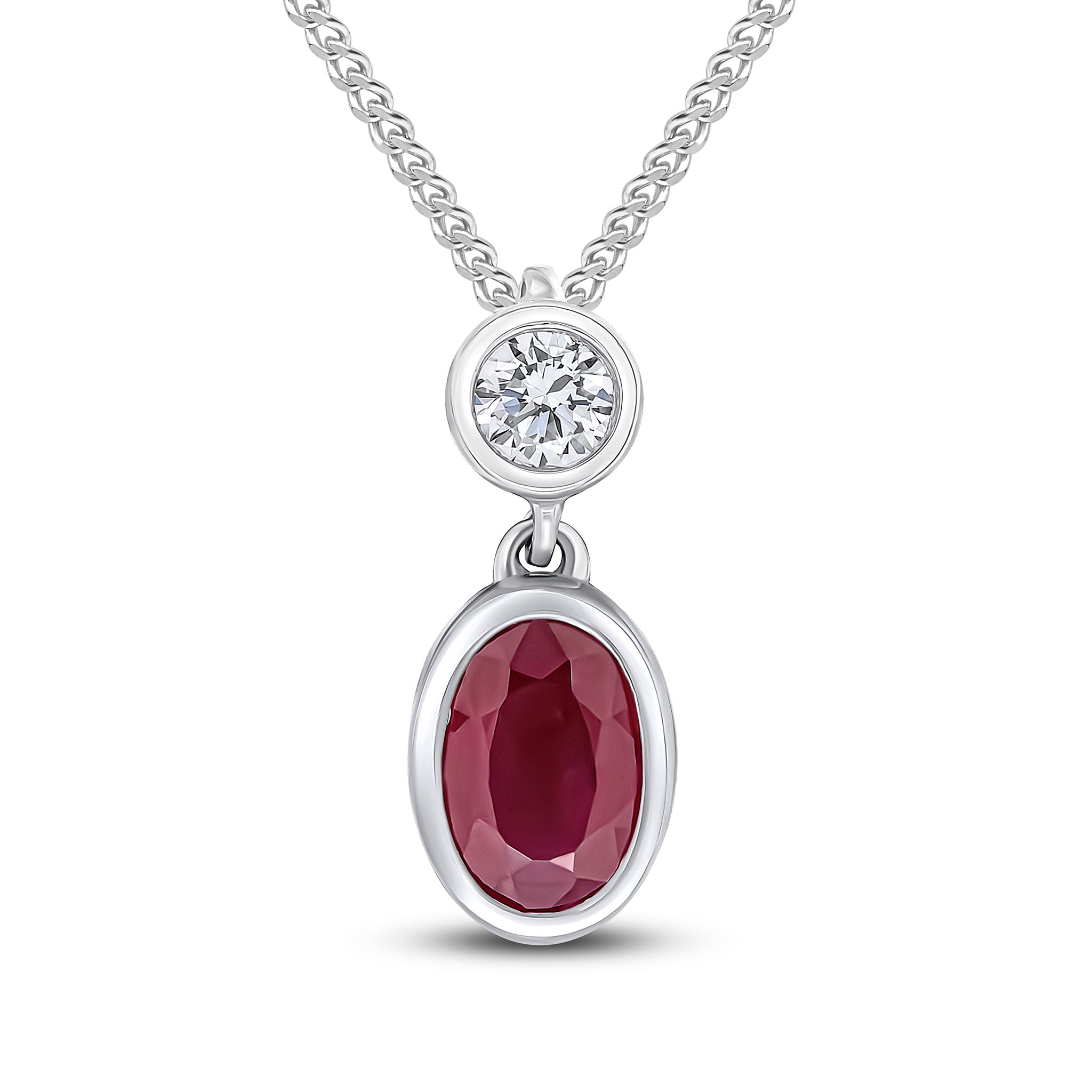 18ct White Gold Oval Ruby & Round Diamond 2 Stone Rubover Slider Pendant