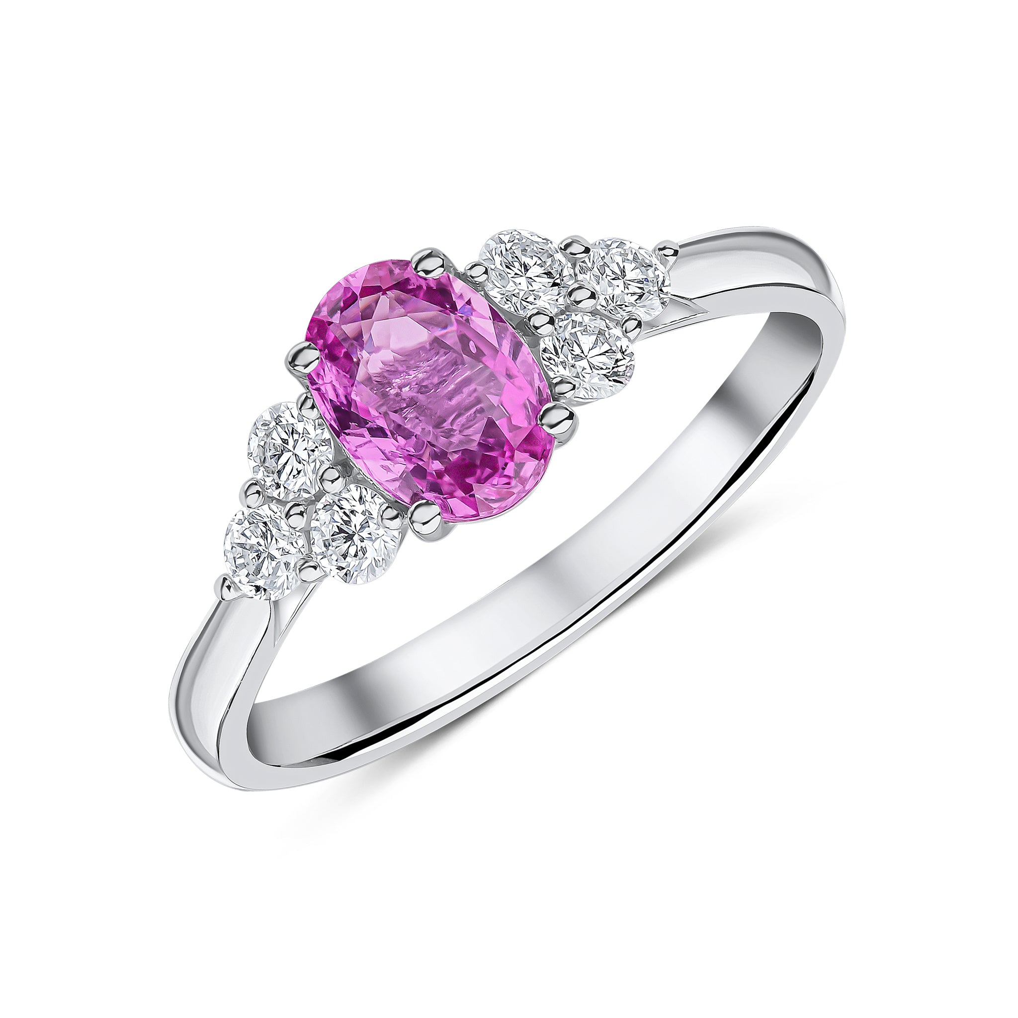 18ct White Gold 7x5 Oval Pink Sapphire and Diamond Trefoil Shoulders Claw Set Ring