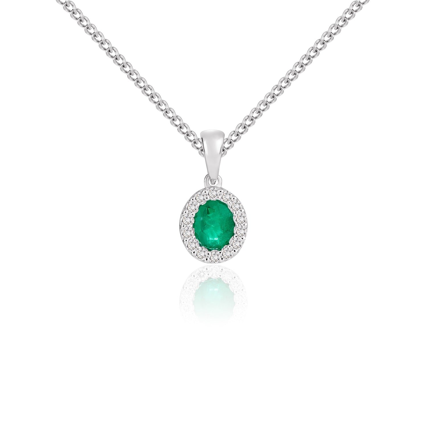 18ct White Gold 5x4 Oval Emerald & Diamond Microset Cluster Pendant