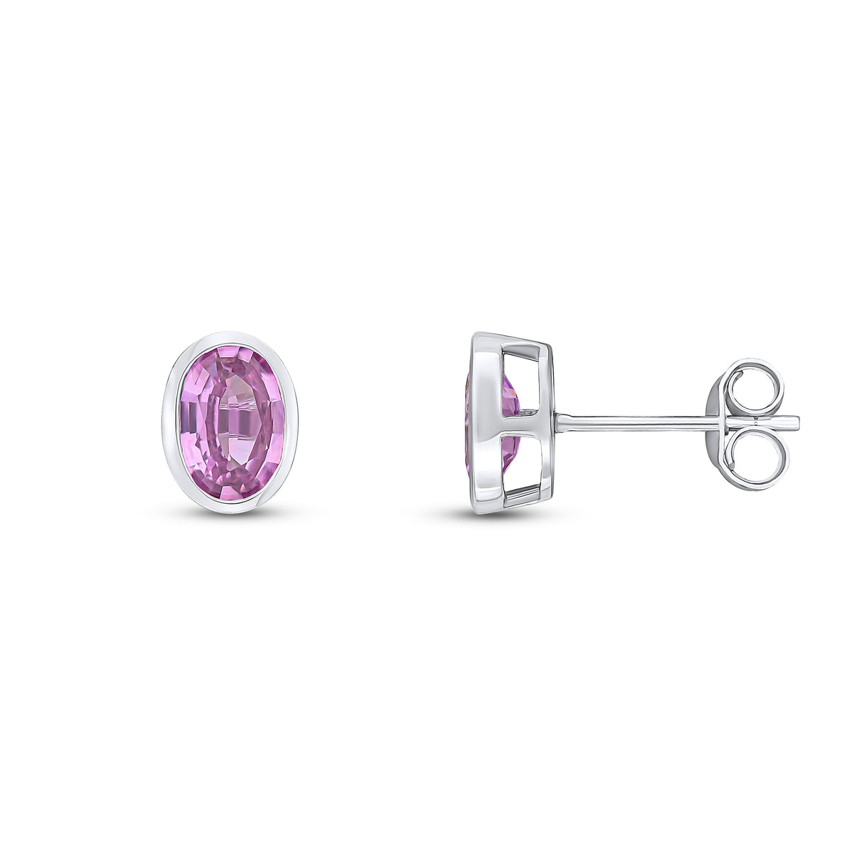 9ct White Gold 7x5 Oval Pink Sapphire Rubover Earstuds Stone Shortage So Can't Order