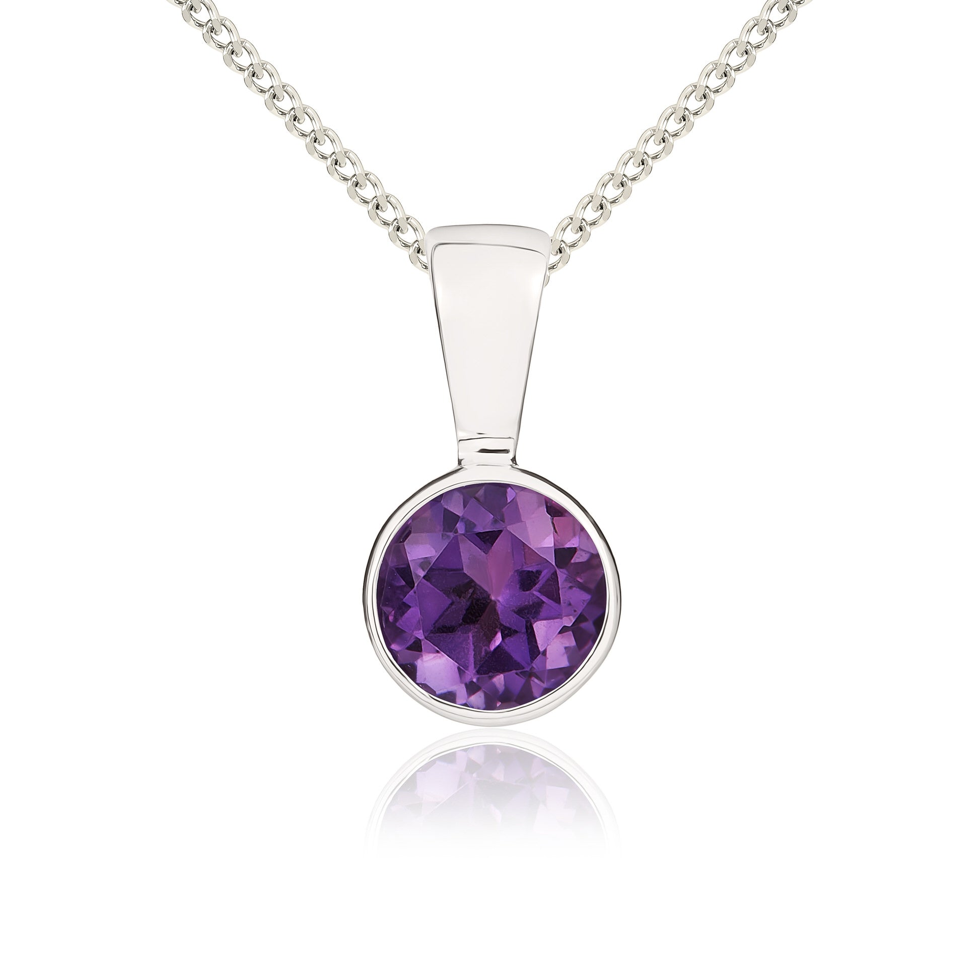 9CT White Gold Round Amethyst Rubover Pendant