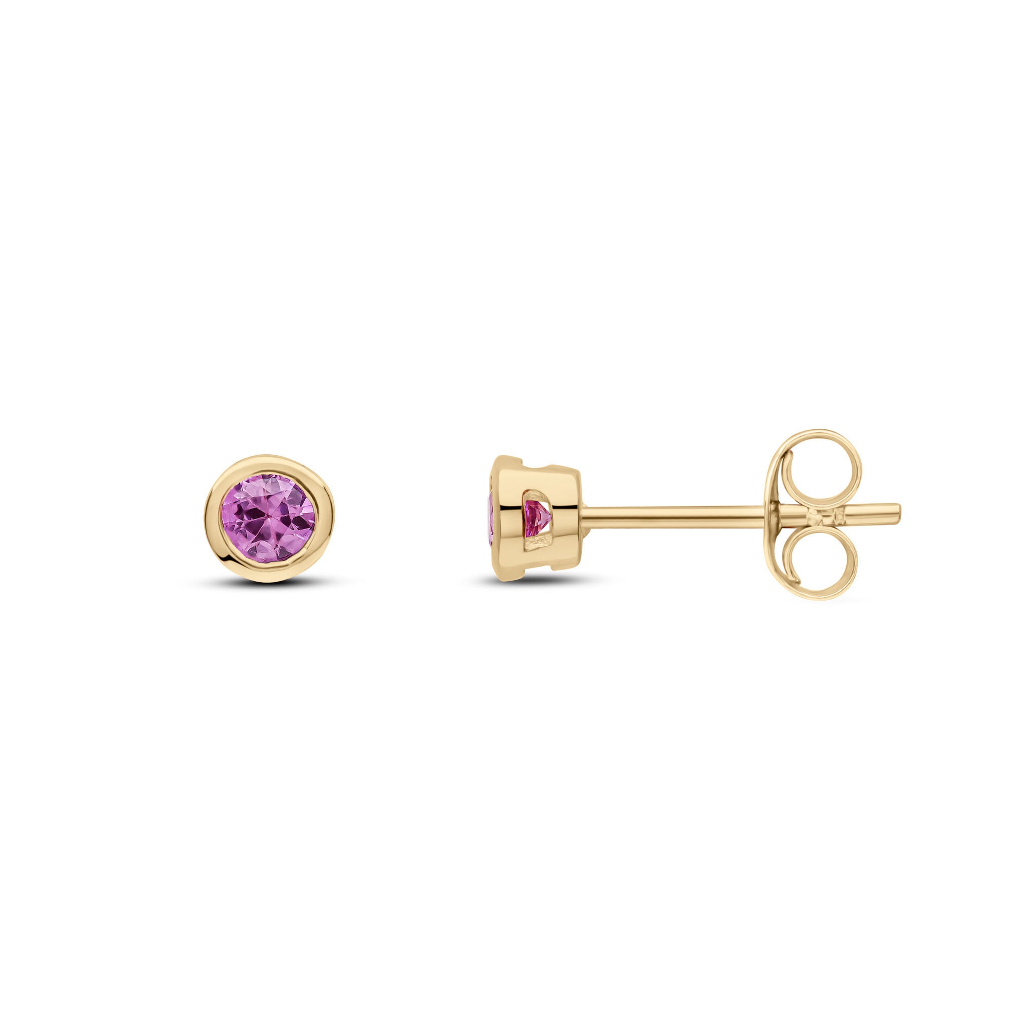 9ct Yellow Gold 3mm Round Pink Sapphire Rubover Earrings