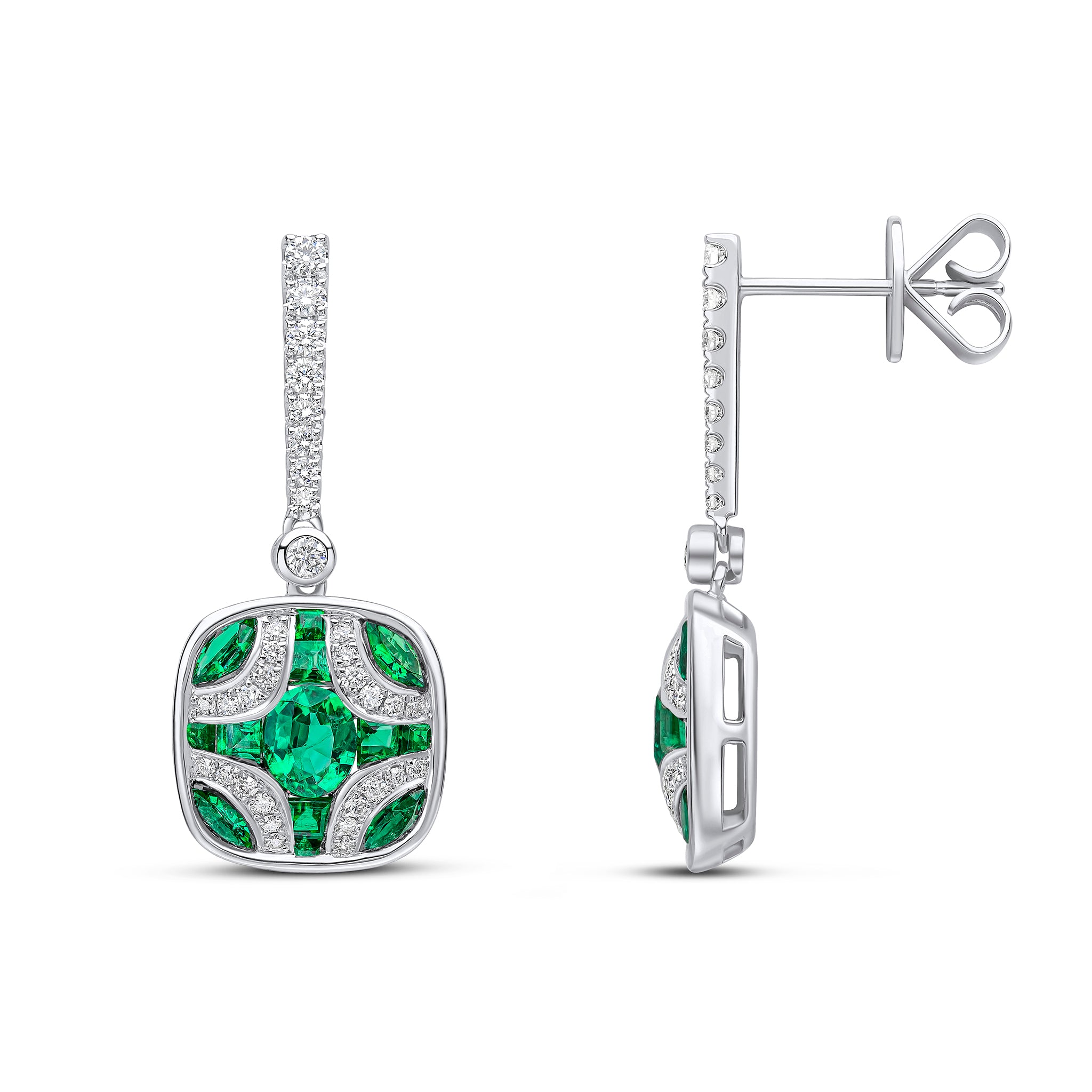 18ct White Gold Emerald and Diamond Shield & Diamond Line Top Drop Earrings