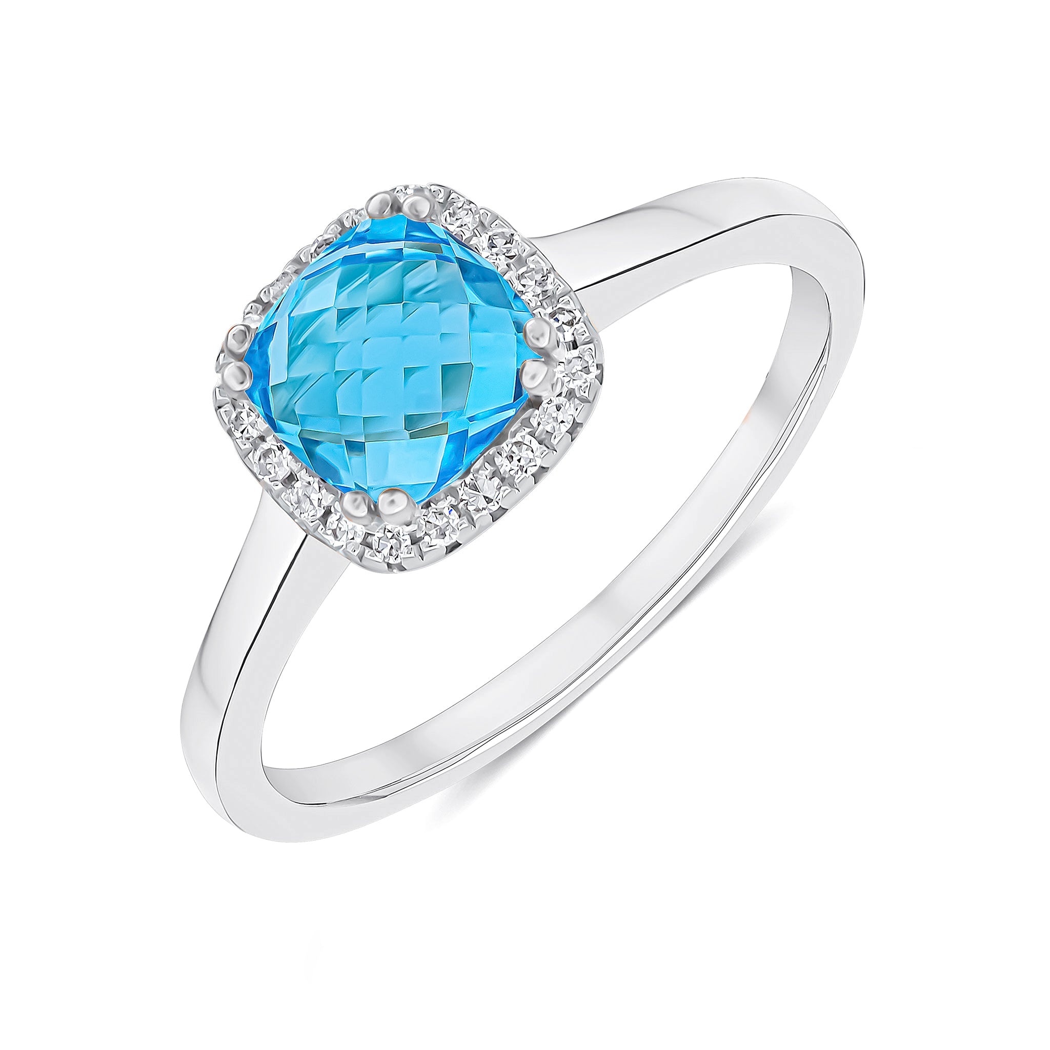 9ct White Gold 6mm Checkerboard Cut Cushion Swiss Blue Topaz and Round Diamond Claw Set Cluster Ring