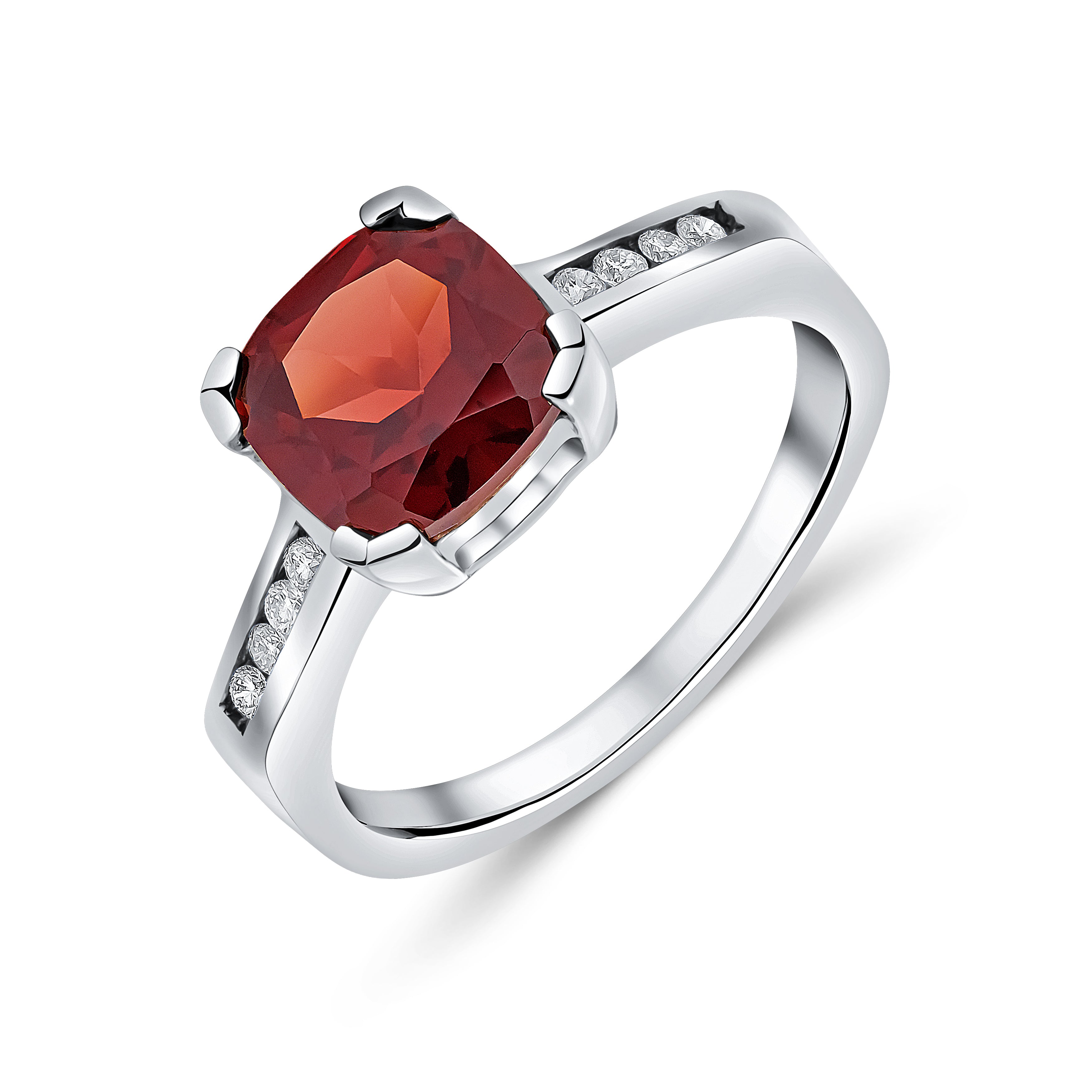 9CT WG CLAW SET CUSHION GARNET SINGLE STONE RING WITH CHANNEL SET DIAMOND SHOULDERS 1