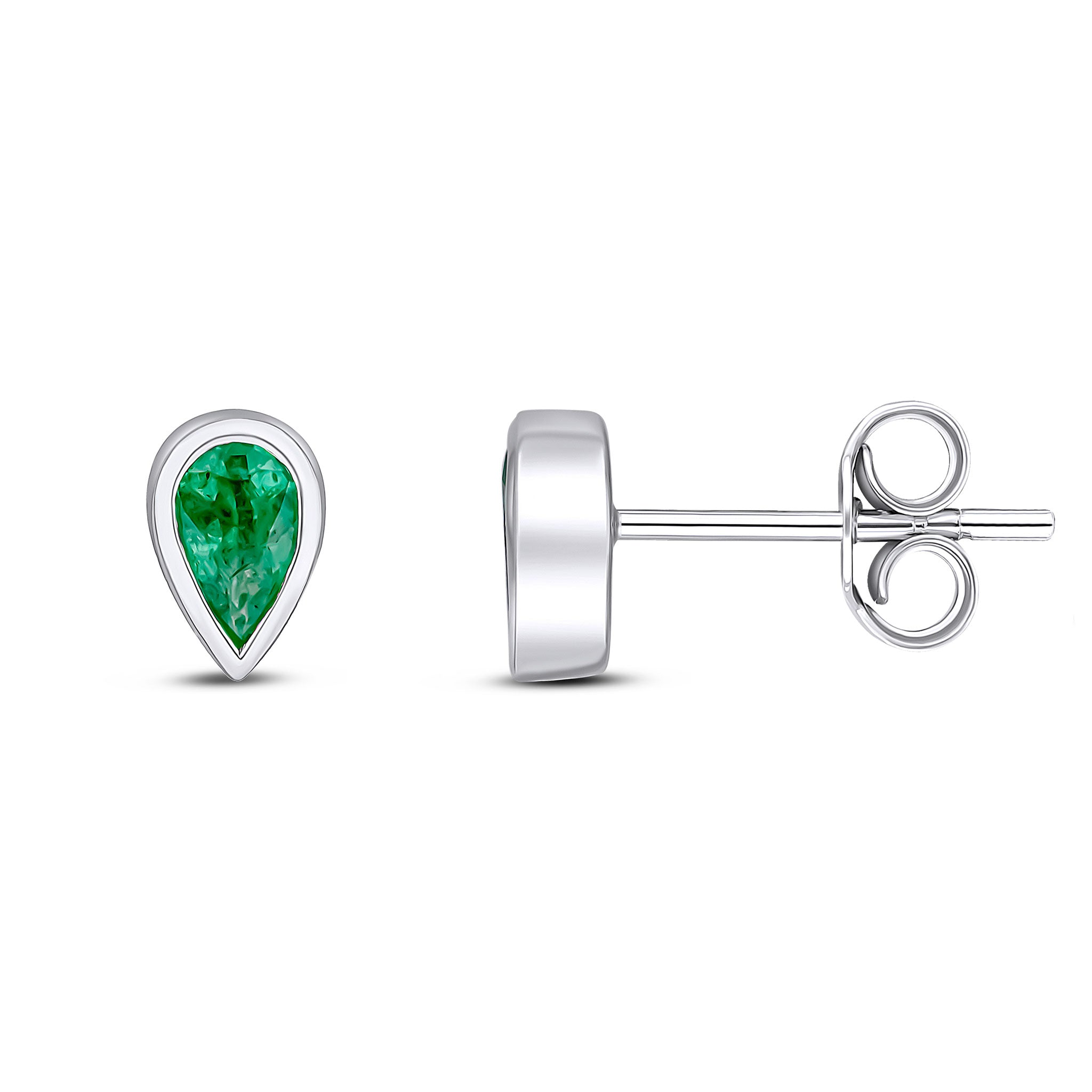9ct White Gold 5x3 Pear Shape Emerald Rubover Set Earrings