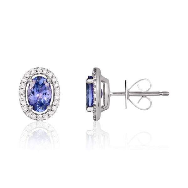 9ct White Gold 6x4 Oval Tanzanite and Round Diamond Halo Cluster Earrings