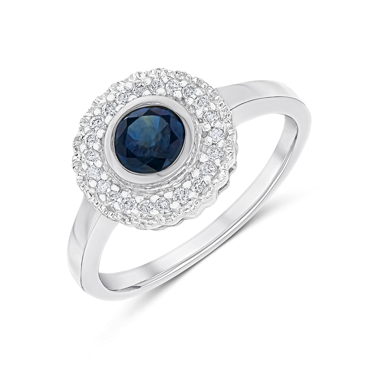 9ct White Gold Round Rubover Sapphire and Milgrain Round Diamond Cluster Ring