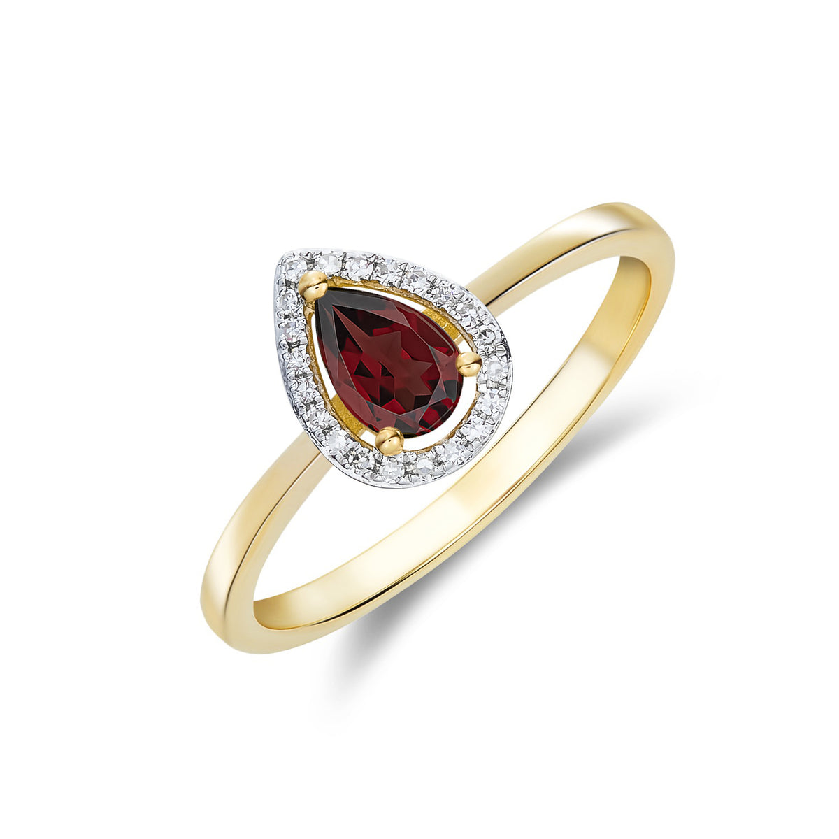 9ct Yellow Gold 6x4 Pear Shape Garnet & Diamond Halo Claw Cluster Ring