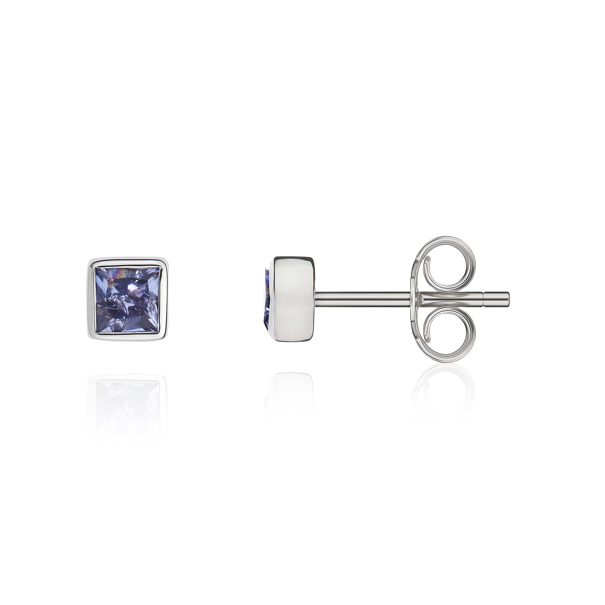 9ct White Gold 3mm Square Tanzanite Rubover Set Earrings