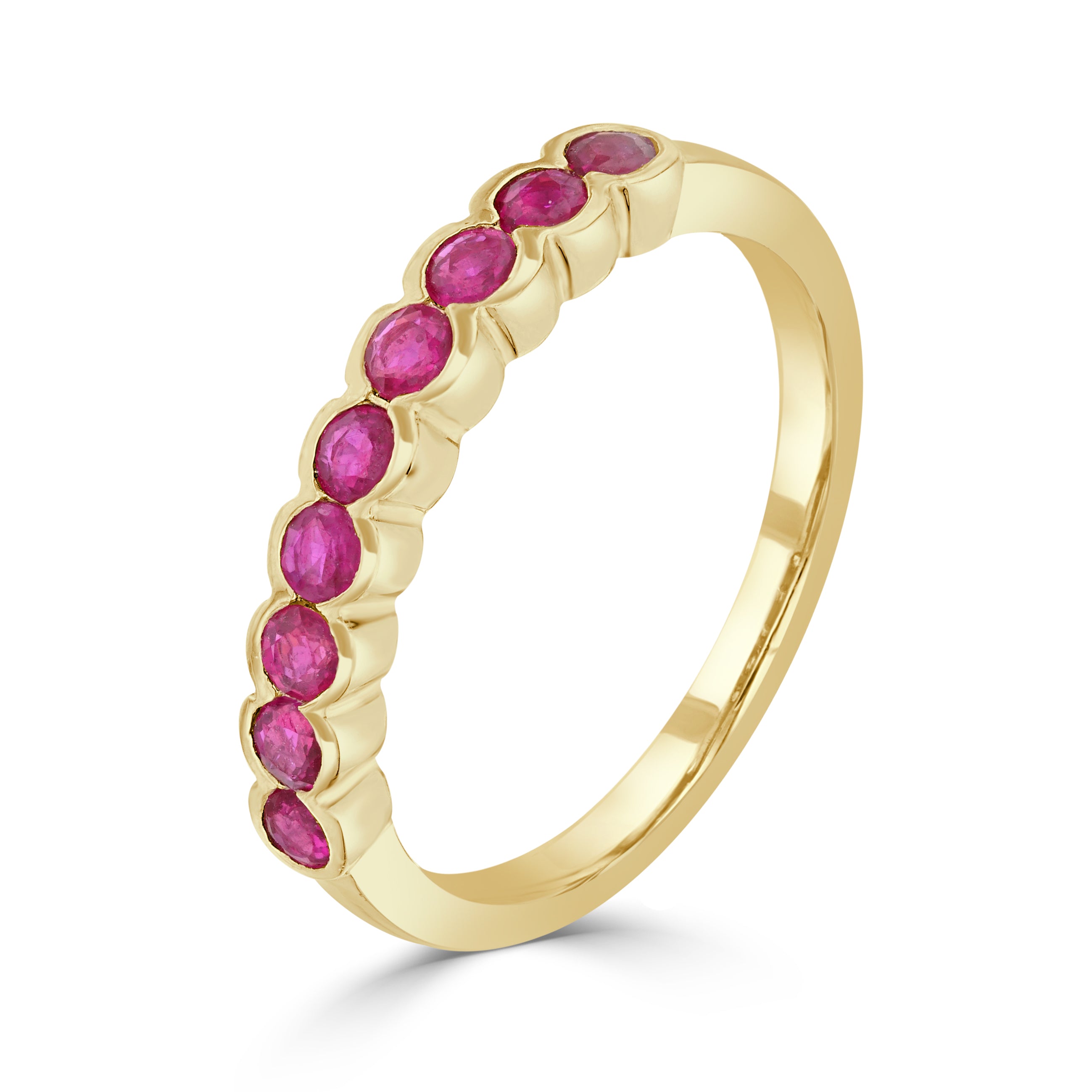 9ct Yellow Gold Round Ruby 9 Stone Scalloped 1 2 Eternity Ring