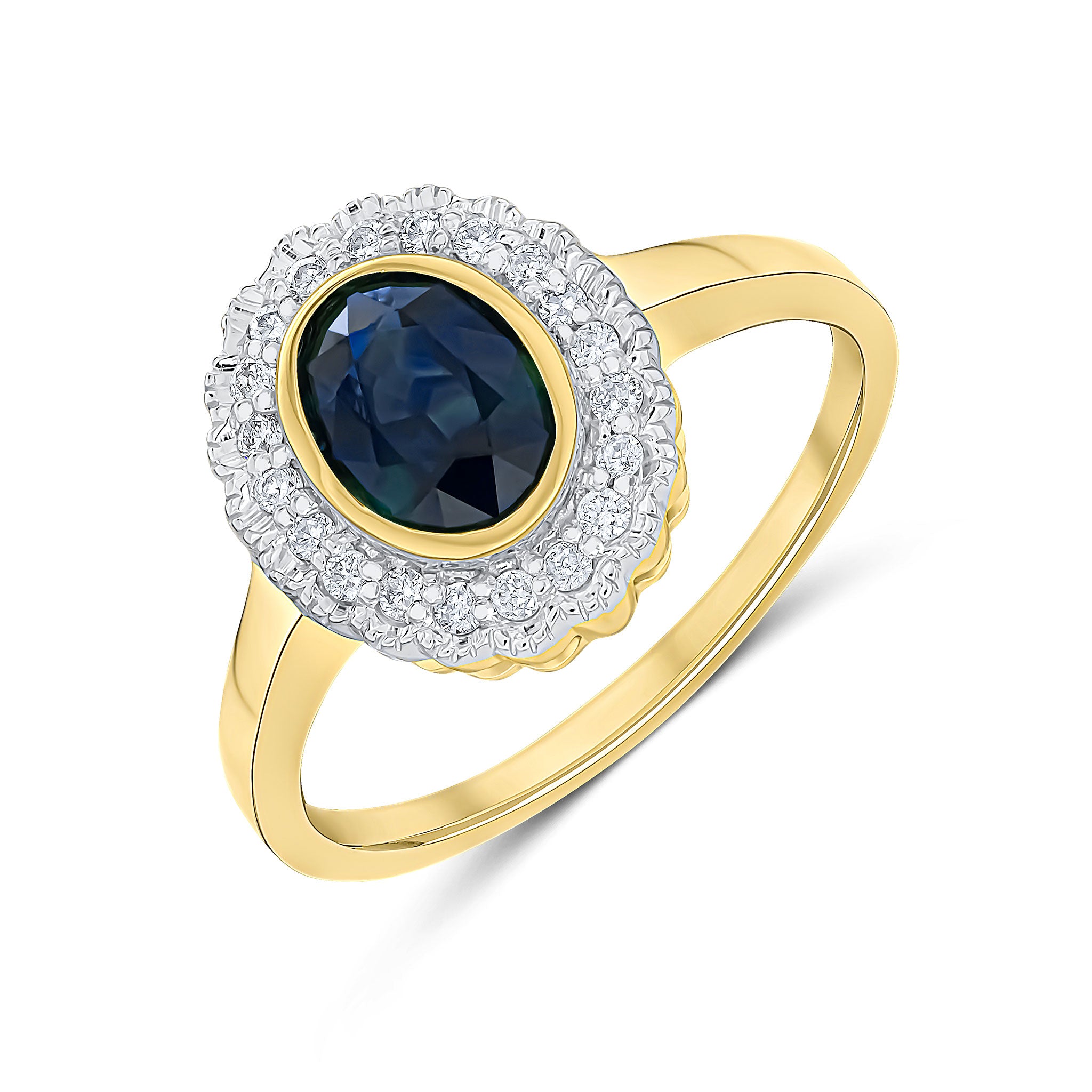 9CT YELLOW GOLD RUBOVER OVAL SAPPHIRE AND MILLEGRAIN ROUND DIAMOND CLUSTER RING. RHODIUM TO DIAMONDS 1