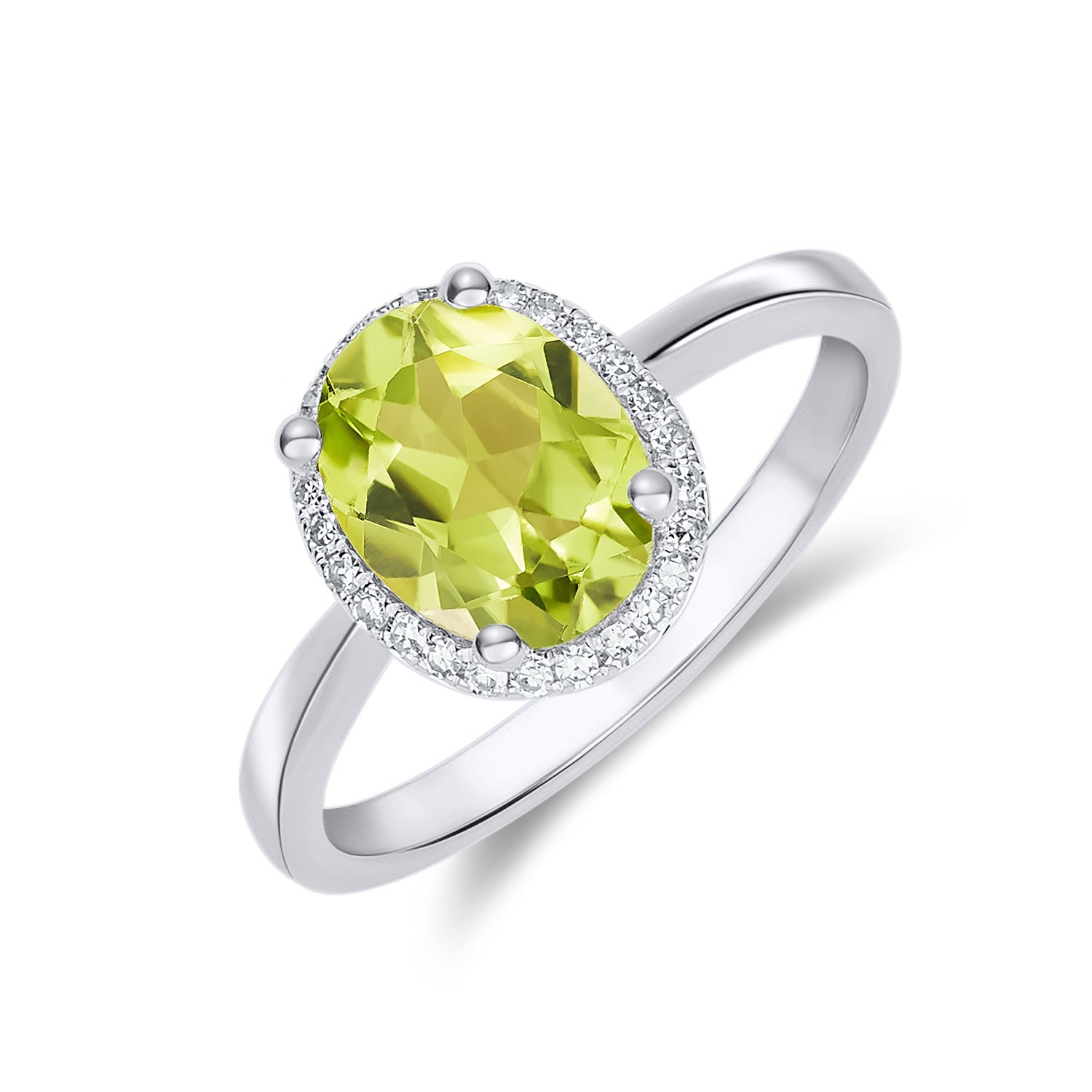 9ct White Gold 9x7mm Oval Peridot & Diamond Claw Set Cluster Ring