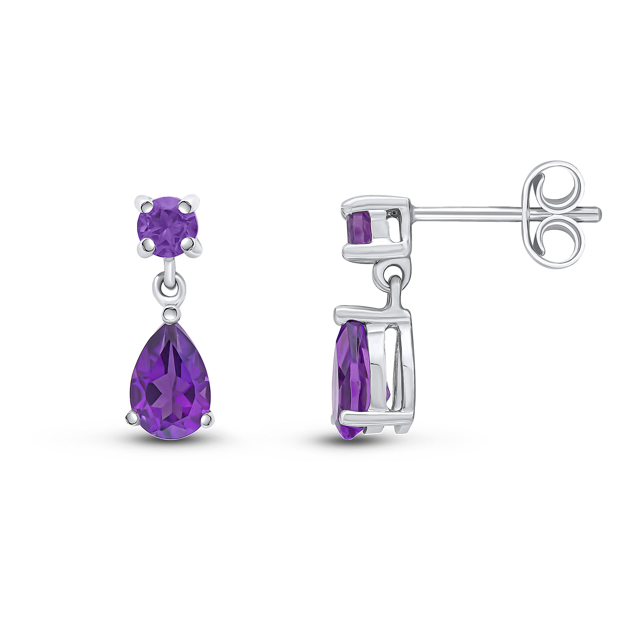 9ct White Gold Round and Pear Shape Amethyst 2 Stone Claw Set Drop Earrings