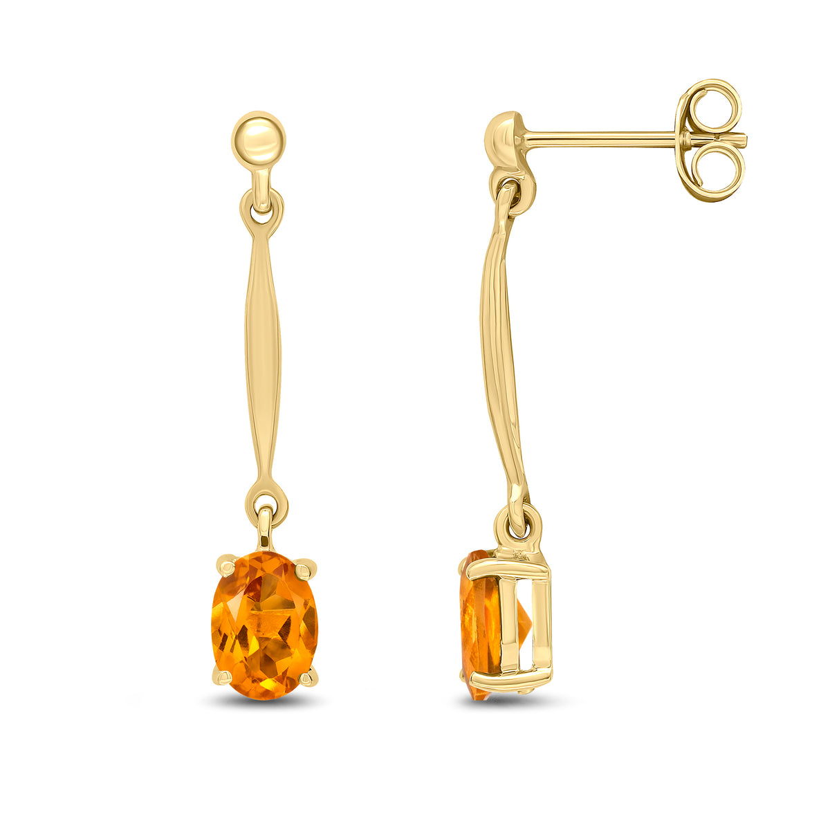 9ct Yellow Gold 7x5mm Oval Citrine and Bar Drop Earrings with Bead Top