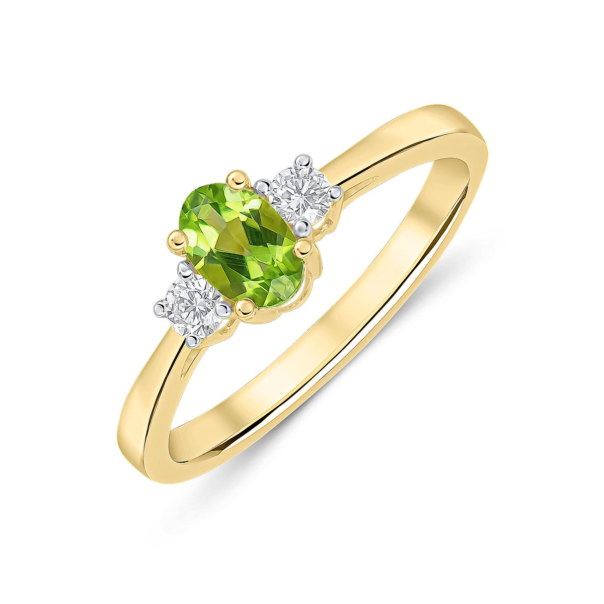 9ct Yellow Gold 6x4 Oval Peridot and Round Diamond Claw Set 3 Stone Ring Rhodium to Diamonds