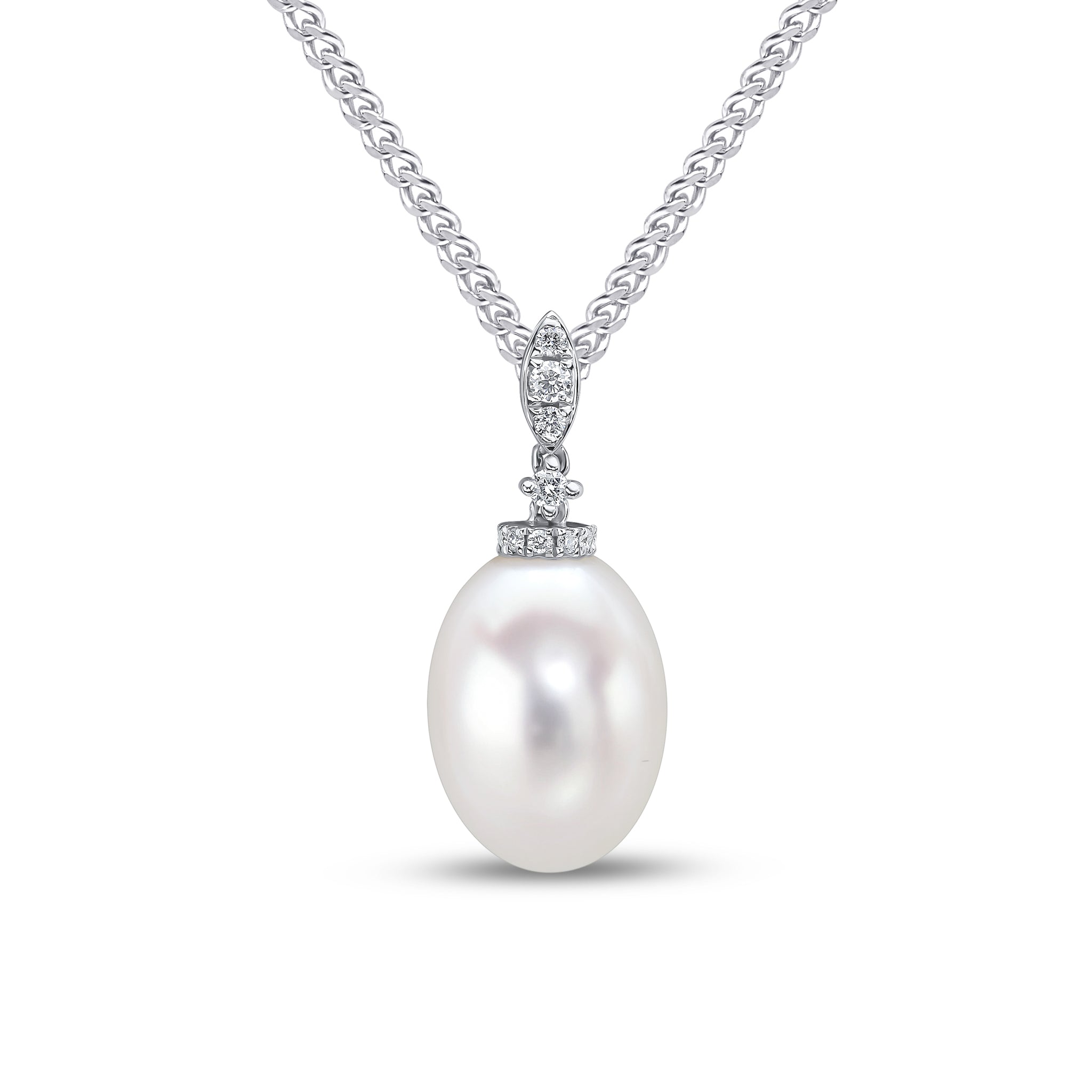 18ct White Gold Cfw Pearl & Diamond Set Marquise Shape Top Pendant