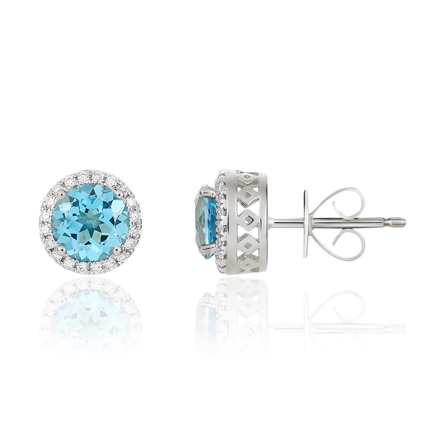 9ct White Gold 6mm Round Swiss Blue Topaz and Diamond Claw Cluster Earrings