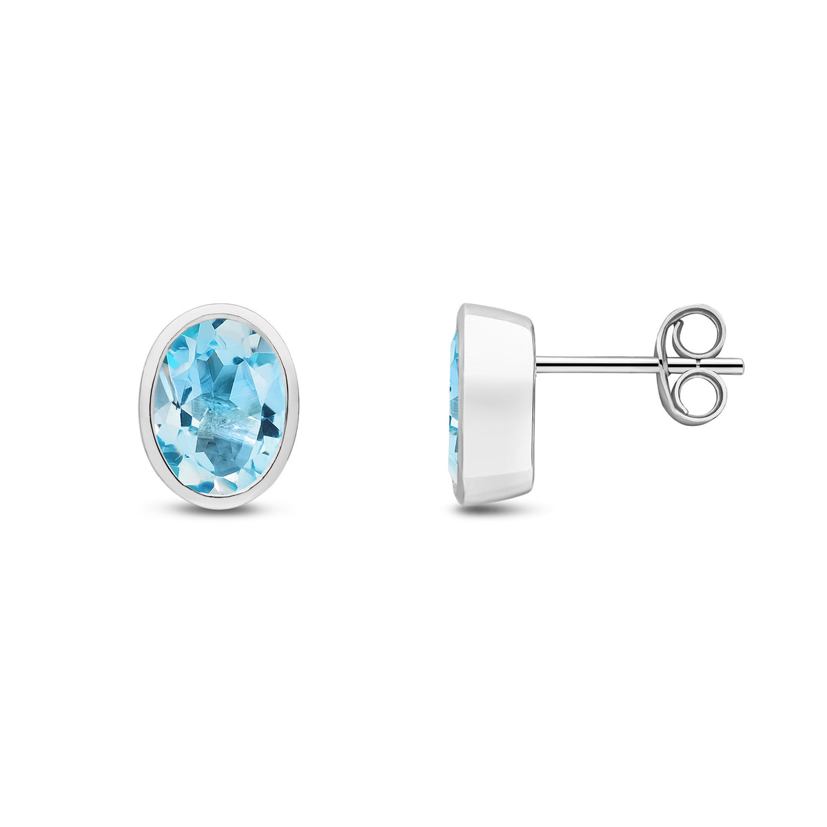 9ct White Gold 8x6 Oval Swiss Blue Topaz Rubover Earrings