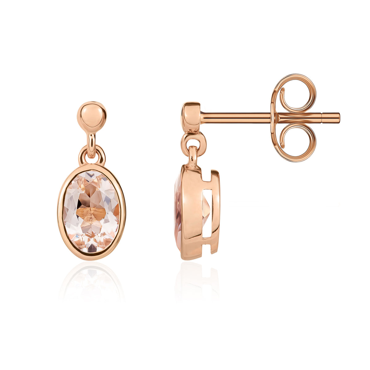 9ct Rose Gold 6x4 Oval Morganite Rubover Drop Earrings with 2.5mm Bead Top