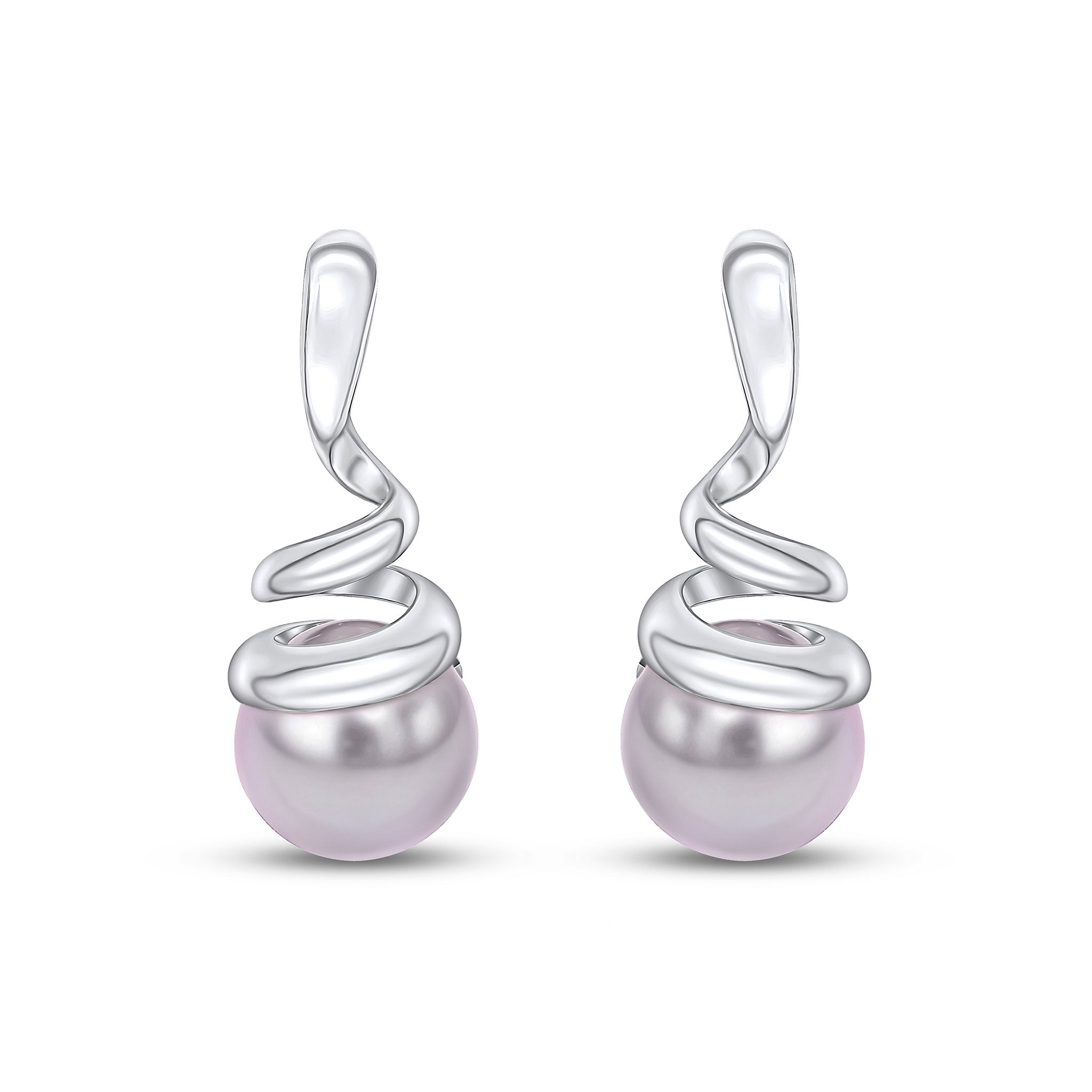 9ct White Gold Grey Round Freshwater Cultured Pearl & Spiral Drop Earrrings