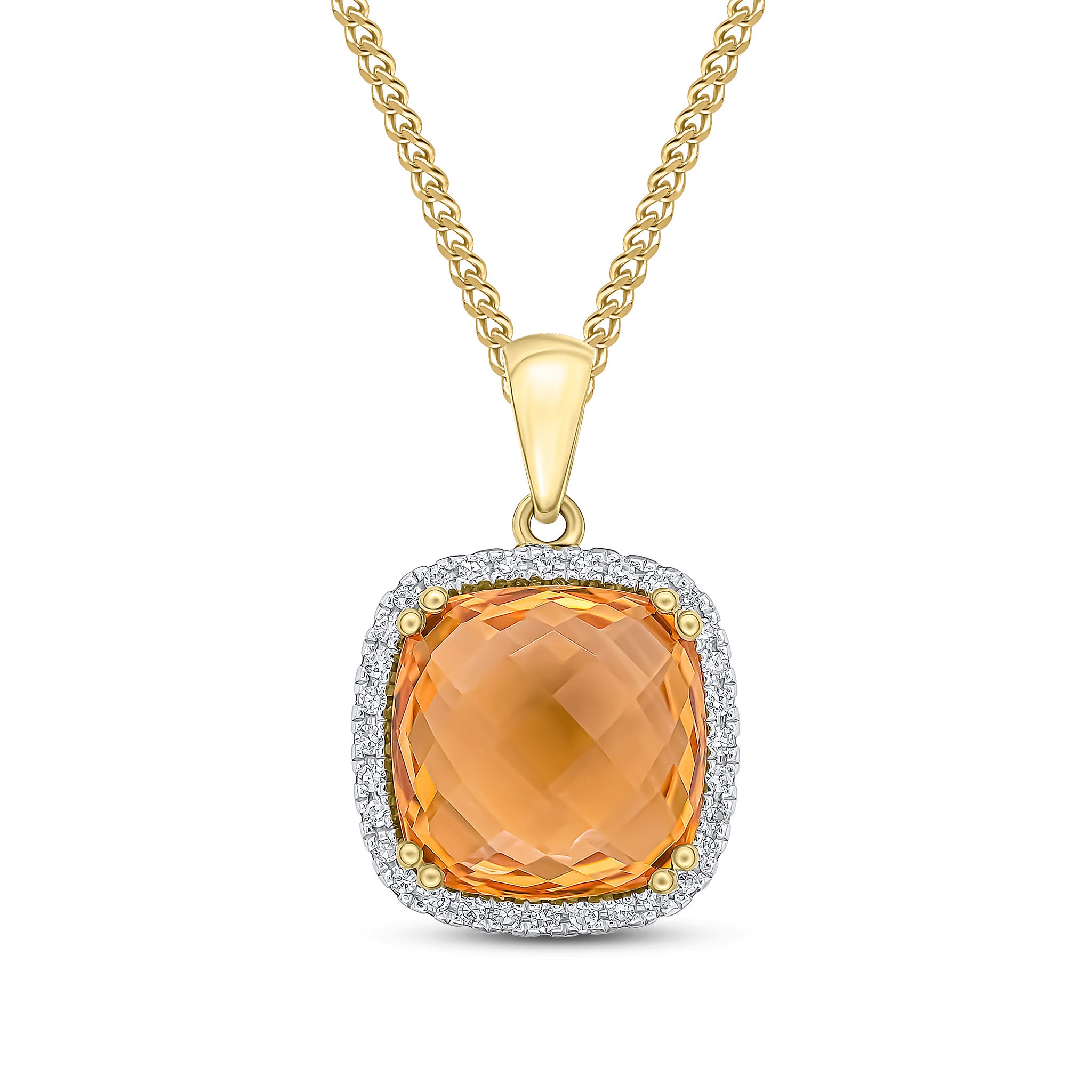 9ct Yellow Gold 10mm Checkeboard Cut Cushion Citrine & Diamond Claw Set Cluster Pendant Rhodium to Diamonds