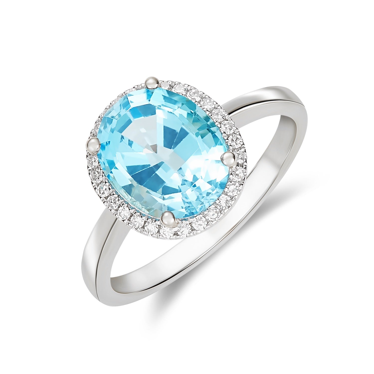 9CT WG 10X8 OVAL SWISS BLUE TOPAZ AND DIAMOND CLAW SET CLUSTER RING 1