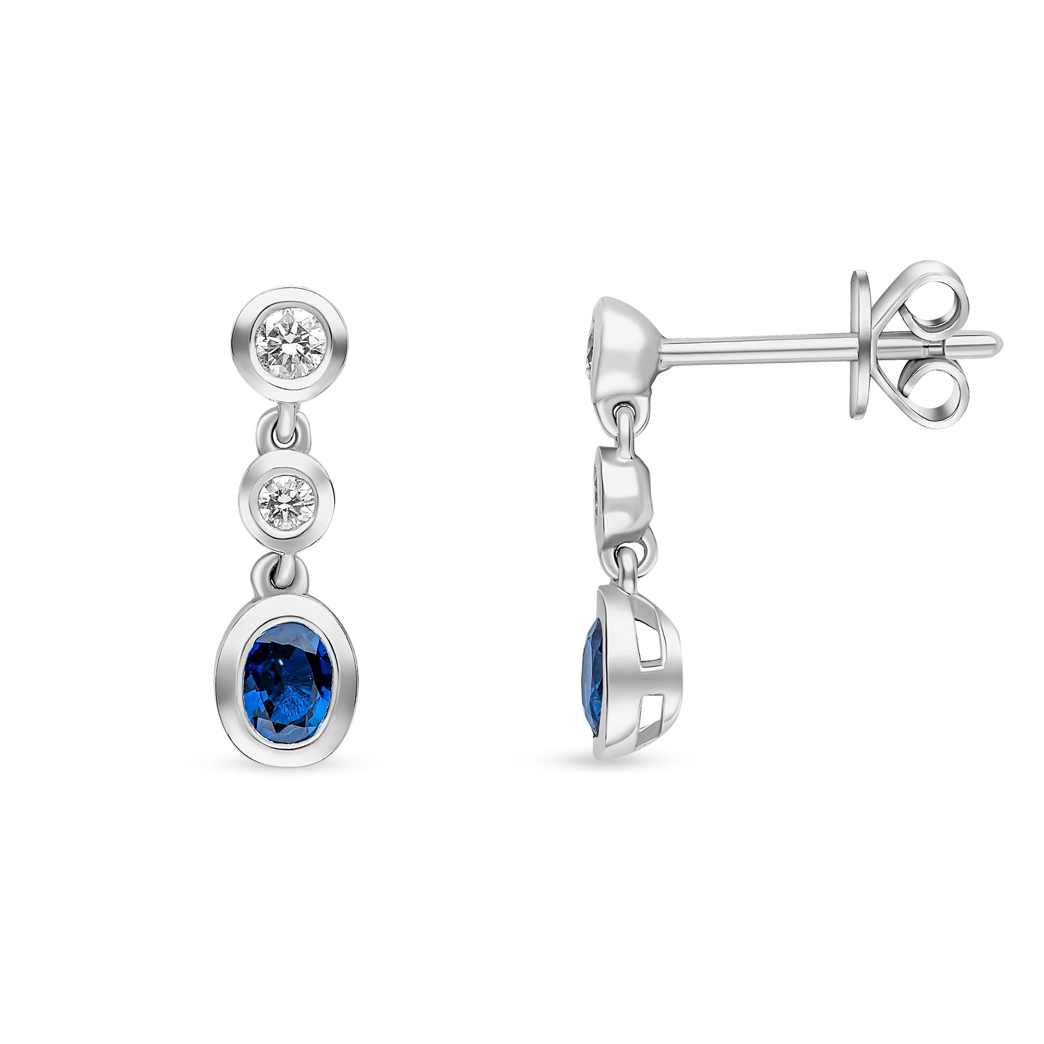 18ct White Gold Oval Sapphire and Round Diamond 3 Stone Rubover Drop Earrings