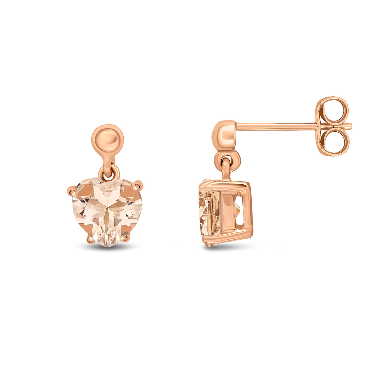 9ct Rose Gold 6mm Heart-Shape Morganite Claw Set Drop Earrings with 3mm Bead Top