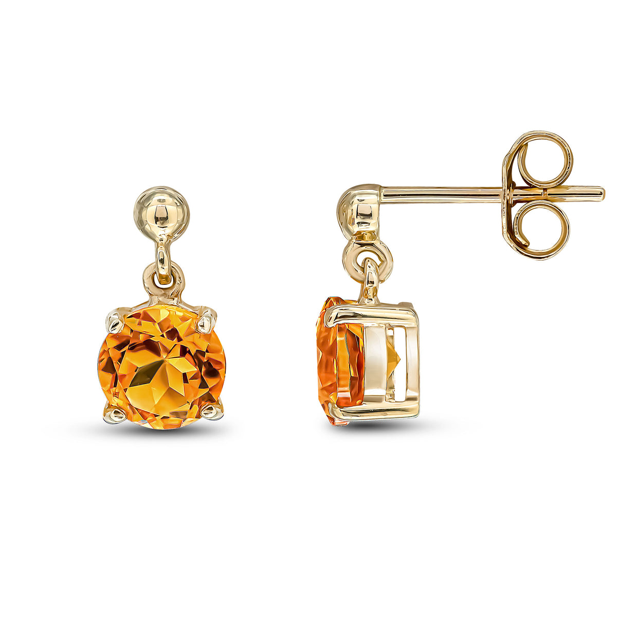 9ct Yellow Gold 6mm Round Citrine Claw Set Drop Earrings with Bead Top