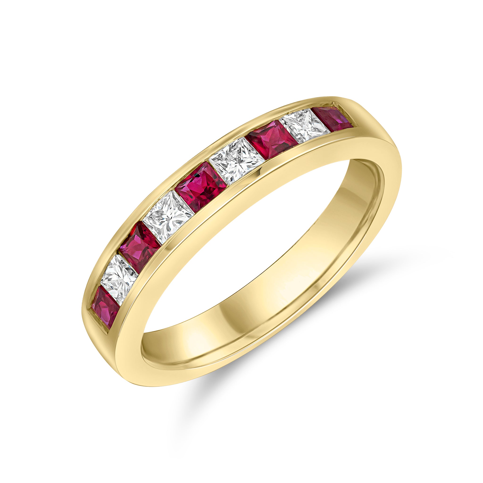 18ct Yellow Gold Square Ruby and Princess Cut Diamond Channel Set 9 Stone Eternity Ring