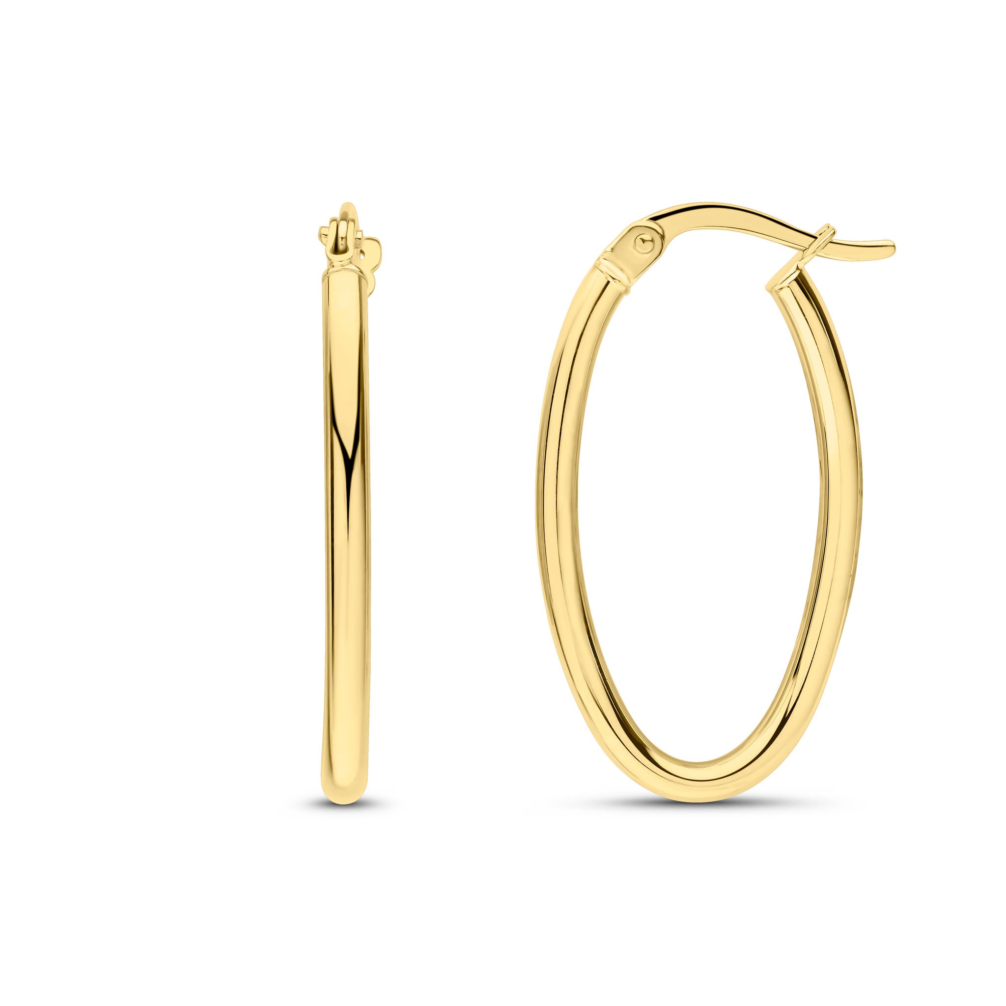 9ct yellow gold 2mm Polished Tube Oval Hoop Earrings. 23mm Long