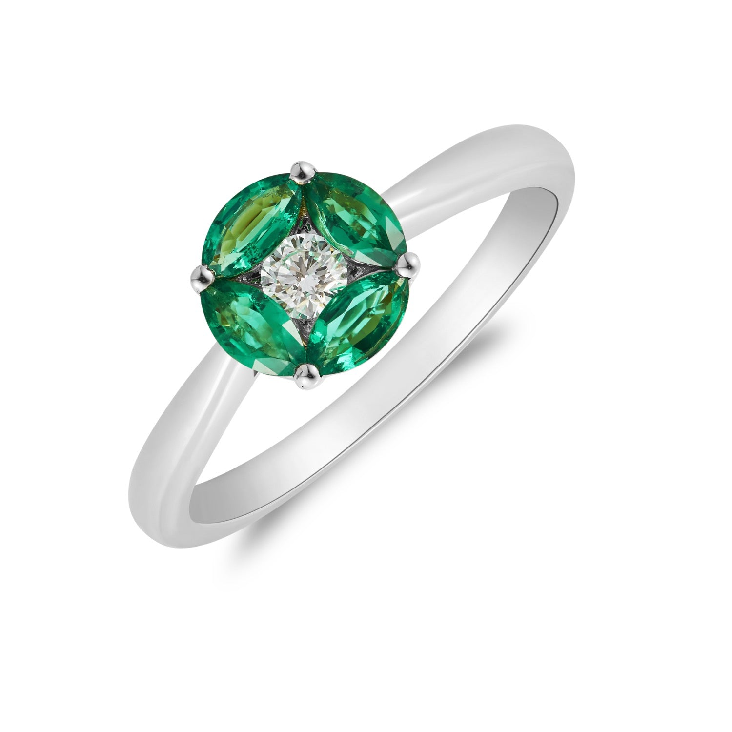 18ct White Gold Marquise Emerald and Round Diamond Cluster Ring Tapered Shank