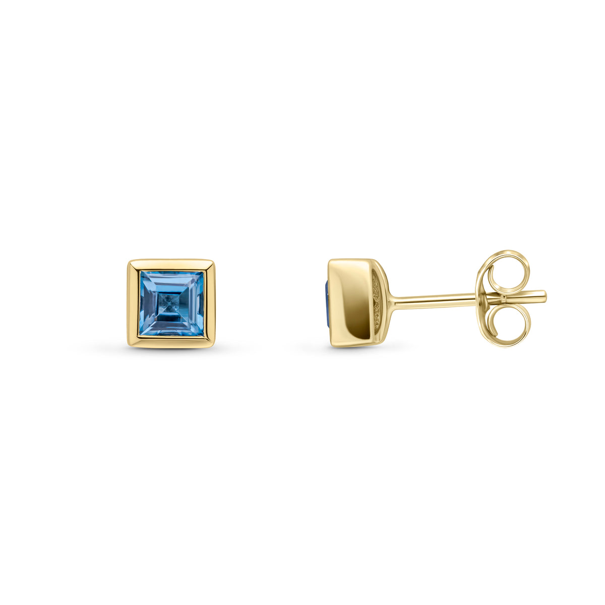 9ct Yellow Gold 4mm Square Swiss Blue Topaz Rubover Set Earrings