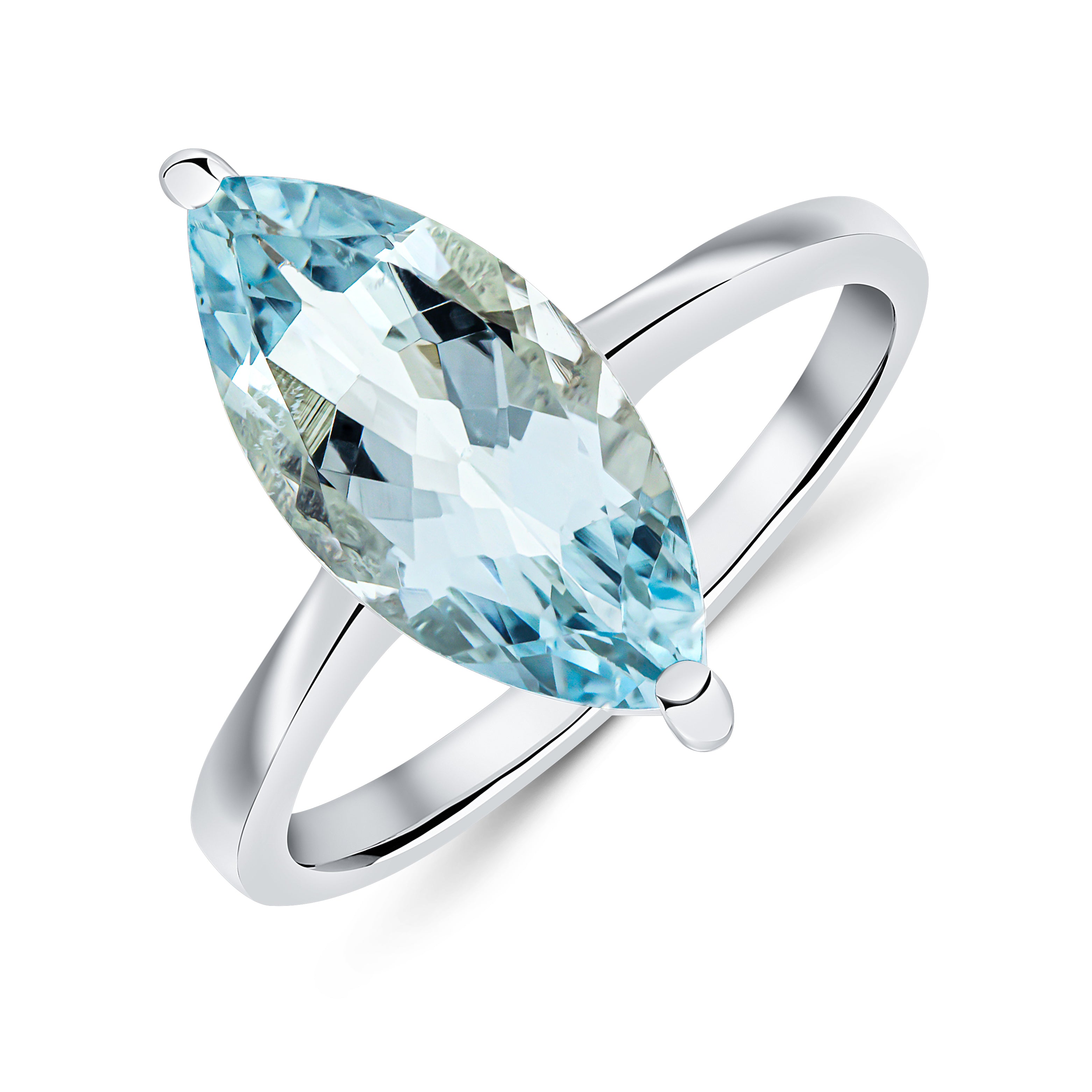 9ct White Gold 15x7mm Marquise Aquamarine Claw Set Single Stone Ring