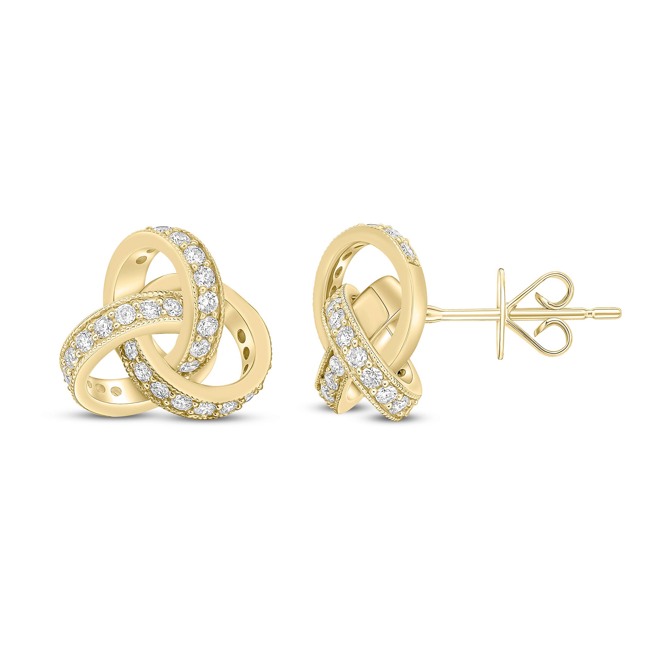 18ct Yellow Gold Round Diamond Grain Set Knot Stud Earrings Large