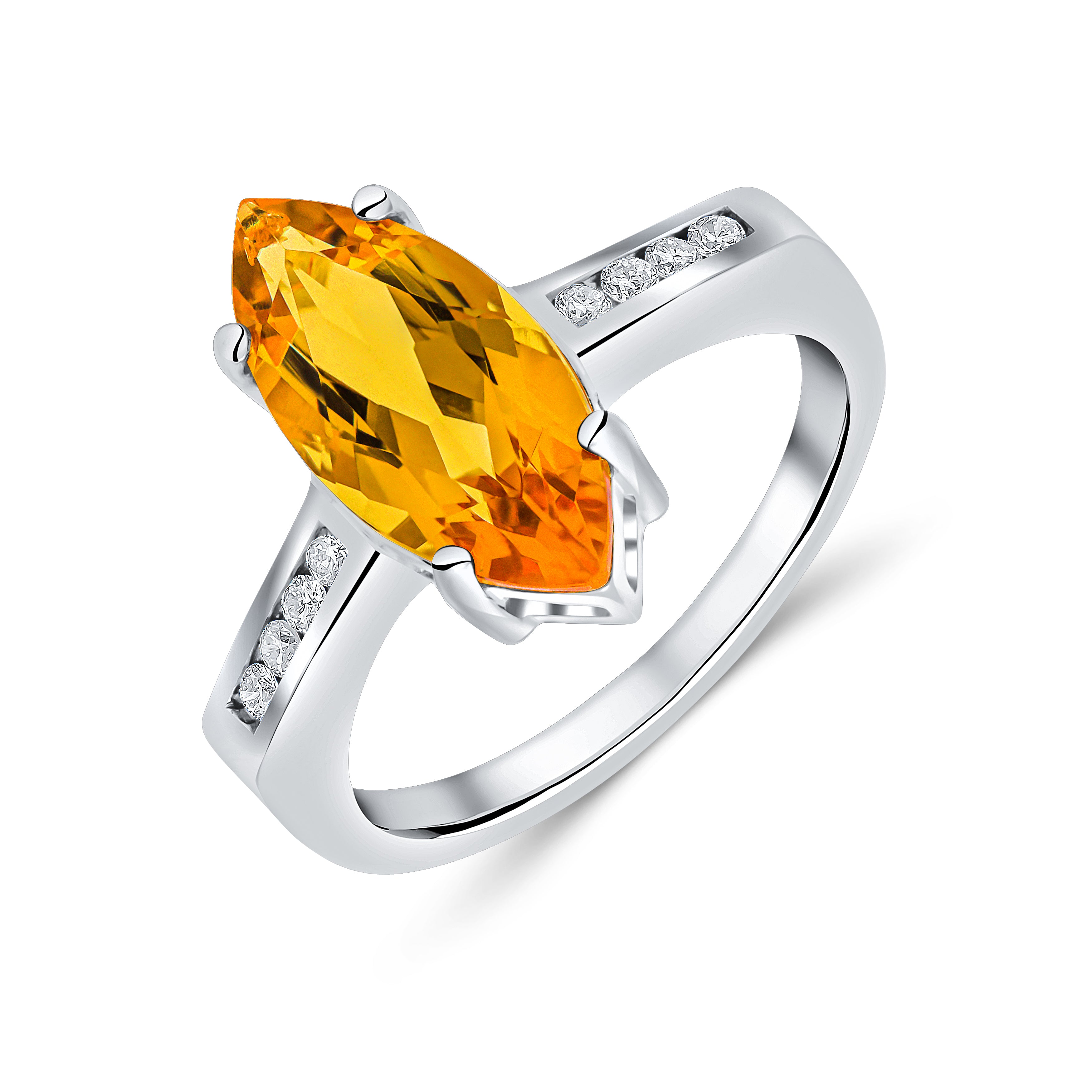 9ct White Gold 15x7 Marquise Citrine Single Stone Ring with Channel Set Diamond Shoulders