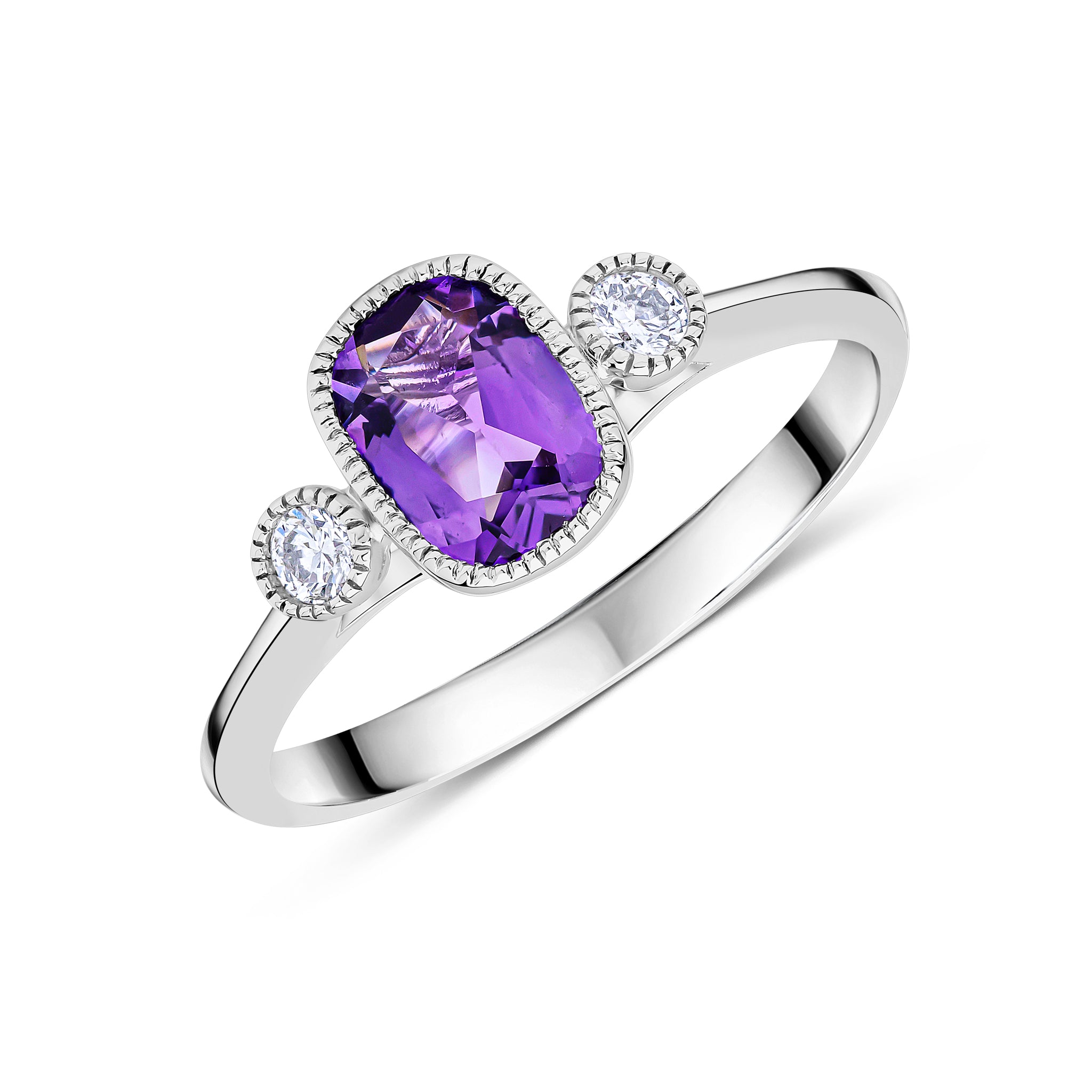 9CT WG 7X5 CUSHION AMETHYST & ROUND DIAMOND MILLEGRAIN SET 3ST RING 1